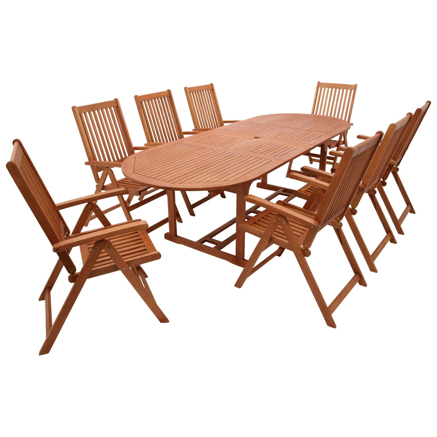 DEGAMO Garten-Essgruppe LAGO, (9-tlg), (8x Klappsessel, 1x Ausziehtisch 180/260x100cm), Eukalyptus geölt