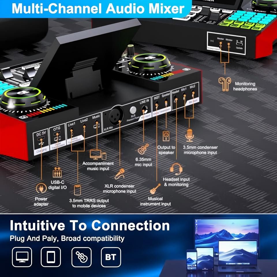 Tenlamp G10 Zehn Lampen Podcast- & Streaming-Set mit Mixer Soundkarte 7.1 Surround, USB-Plug-and-Play, Display, Stimmwechsel, Aufnahme, Hall