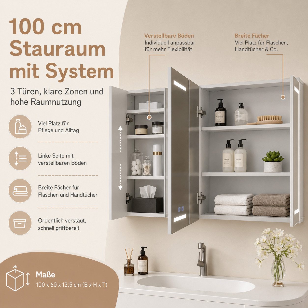 Simurq Badezimmerspiegelschrank Spiegelschrank 100cm mit 3 Spiegeltüren & LED, Anti-Beschlag. (Set, 1-St., Spiegelschrank) 3 Spiegeltüren, Breite 100 cm