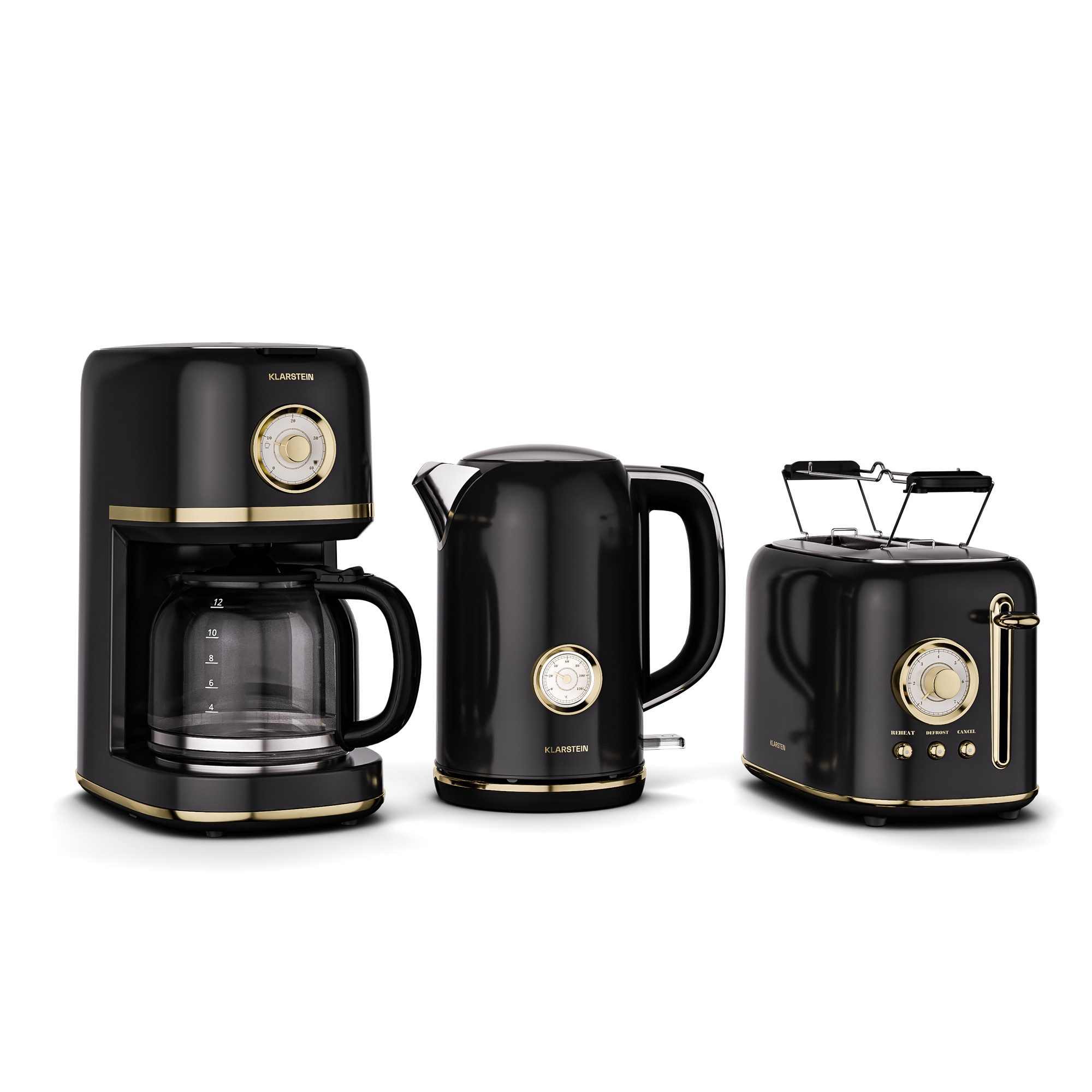 Klarstein Frühstücks-Set Victoria (4-tlg), Toaster 800W Wasserkocher 1,7 L 2200W Kaffeemaschinen 900W Schwarz