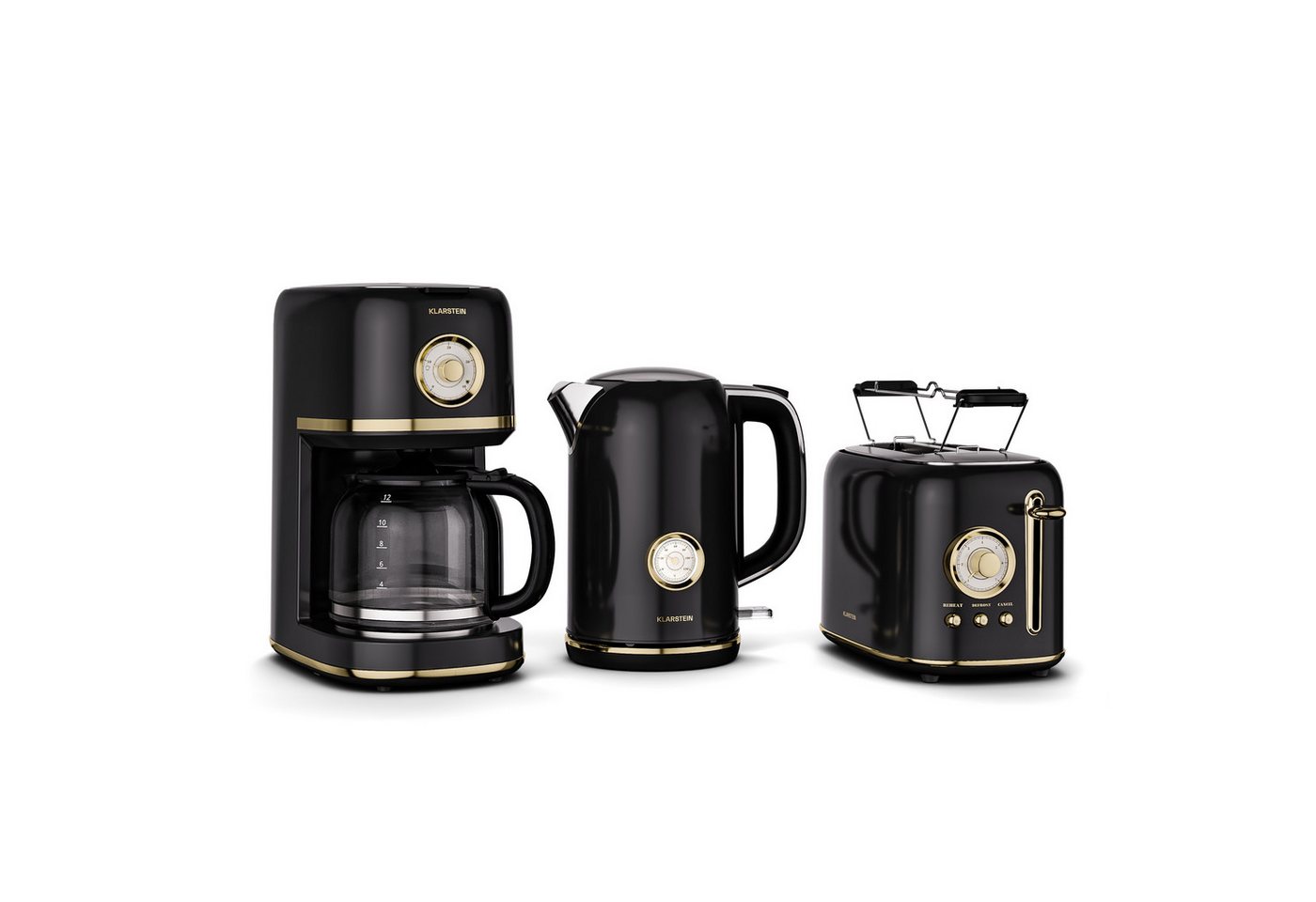 Klarstein Frühstücks-Set Victoria (4-tlg), Toaster 800W Wasserkocher 1,7 L 2200W Kaffeemaschinen 900W Schwarz