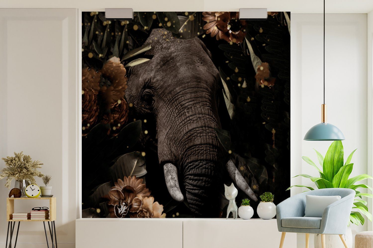 Elefant Wohnzimmer Wandtapete Blumen bedruckt, - Tapete Botanisch, oder St), für Fototapete (5 Licht MuchoWow Schlafzimmer, - Vinyl Matt, -