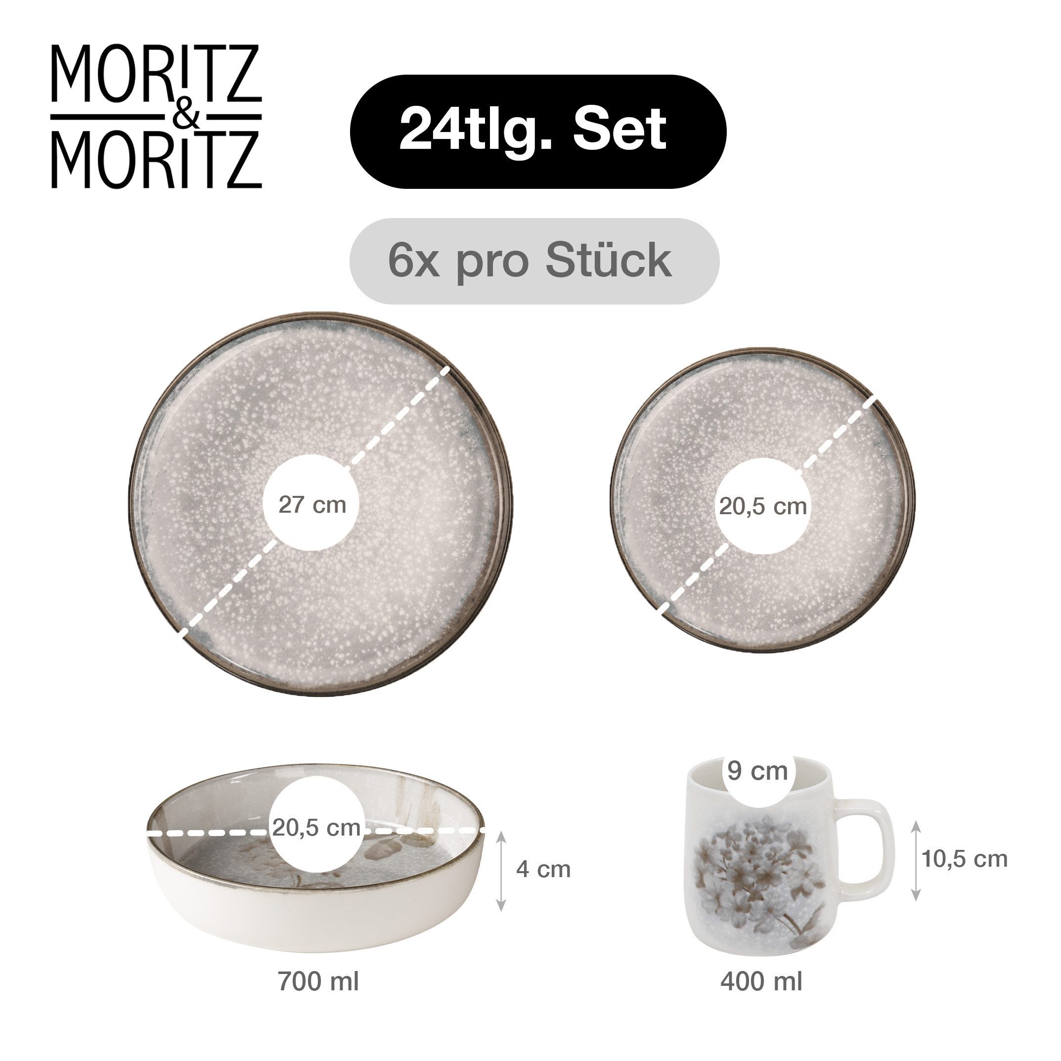Moritz & Moritz Tafelservice BLOSSOM Geschirrset 24tlg (24-tlg), 6 Personen, Porzellan, Kombigeschirr für 6 Personen