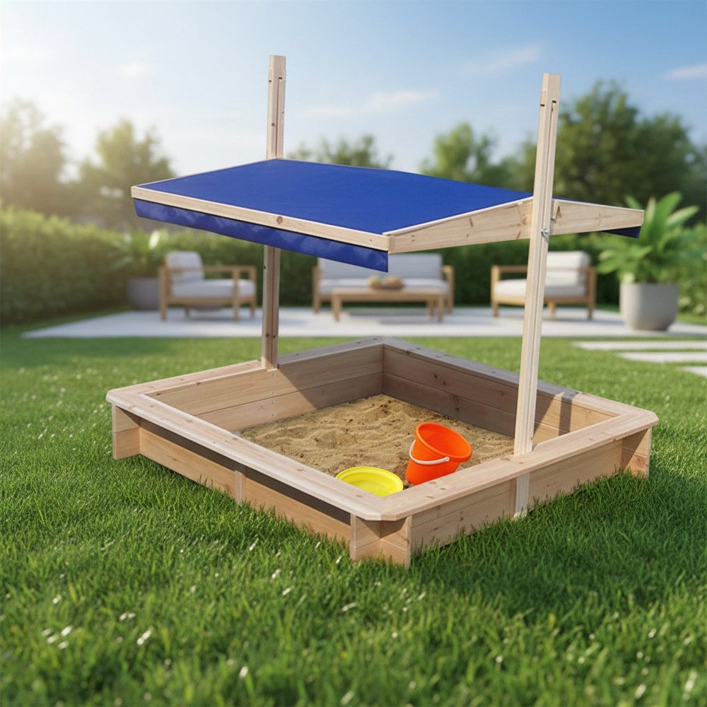 Mucola Sandkasten Sandkiste 120x120 Holz mit verstellbaren Dach Sandbox Sandkasten, (Stück, 1-tlg., Sandkasten mit Sonnendach), Mit verstellbarem Sonnendach