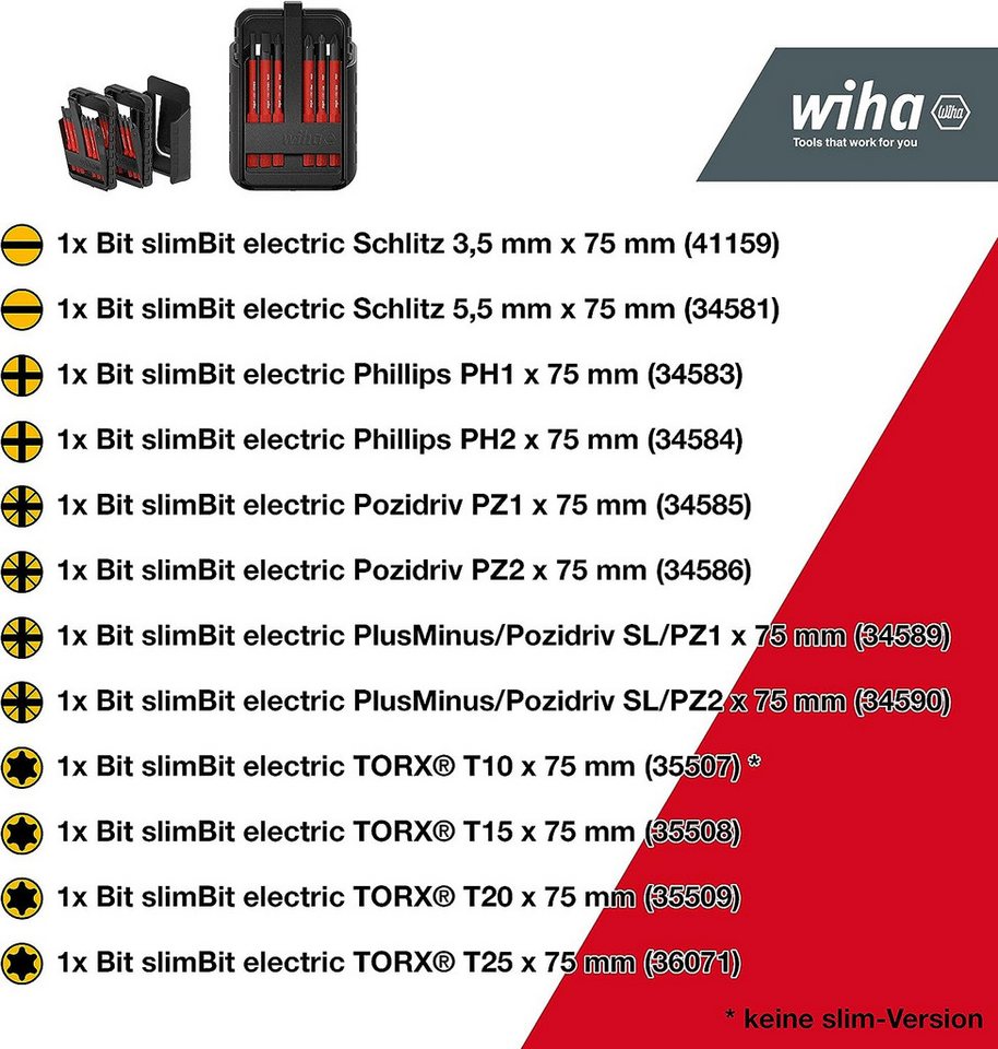 Thumbnail - Wiha Bit-Set slimBit electric (43162) - 15 tlg., Schlitz, PH, PZ, PlusMinus/PZ, TORX, flexibel, kompakt, mobil, VDE