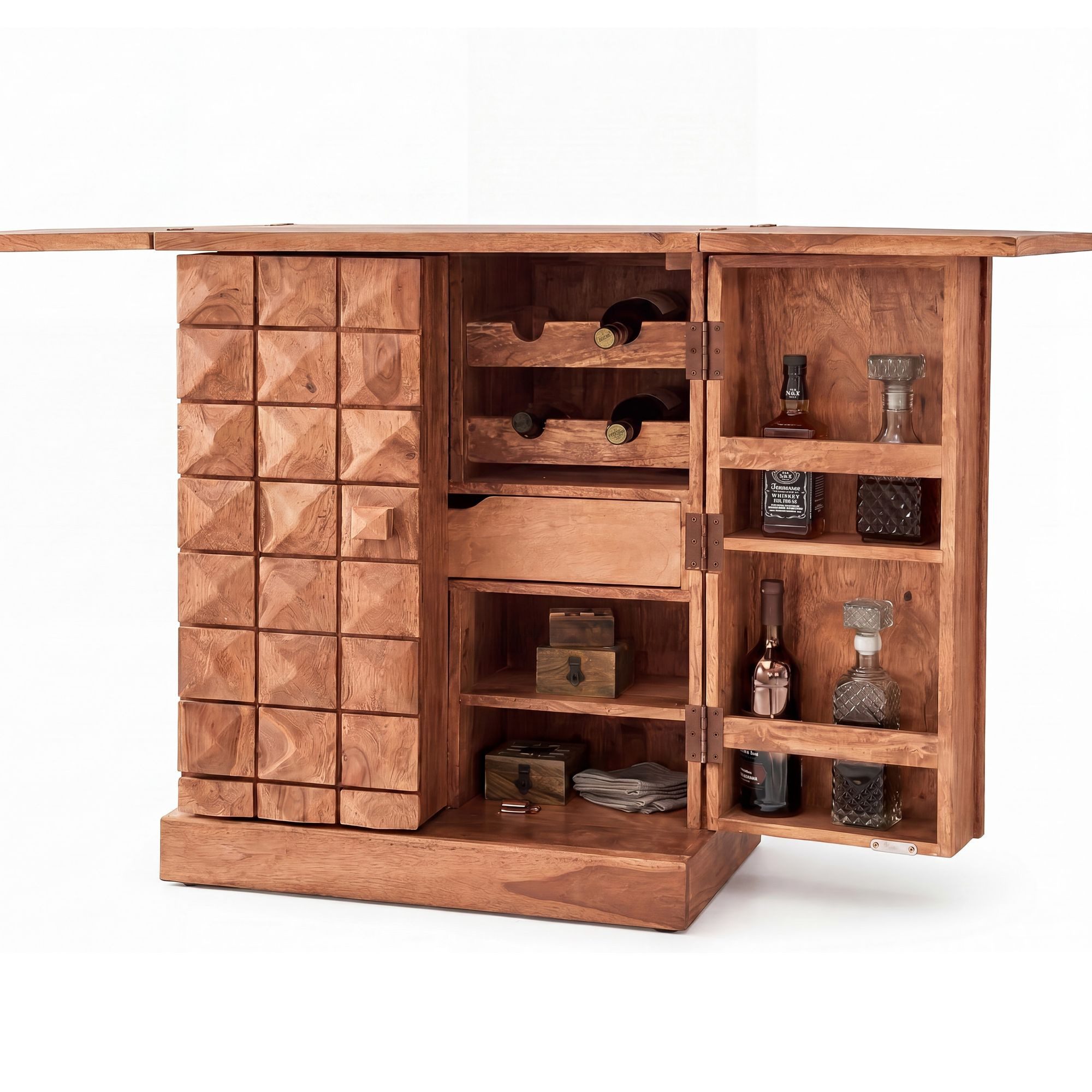 FINEBUY Barschrank SuVa3510_1 Hausbar Massivholz Weinbar Weinschrank Kleiner Barschrank (Weinbar Ausklappbar, Barschrank, Kleine Bar Buffet) Hausbar Akazie Massivholz 65x91x50 cm mit Türen