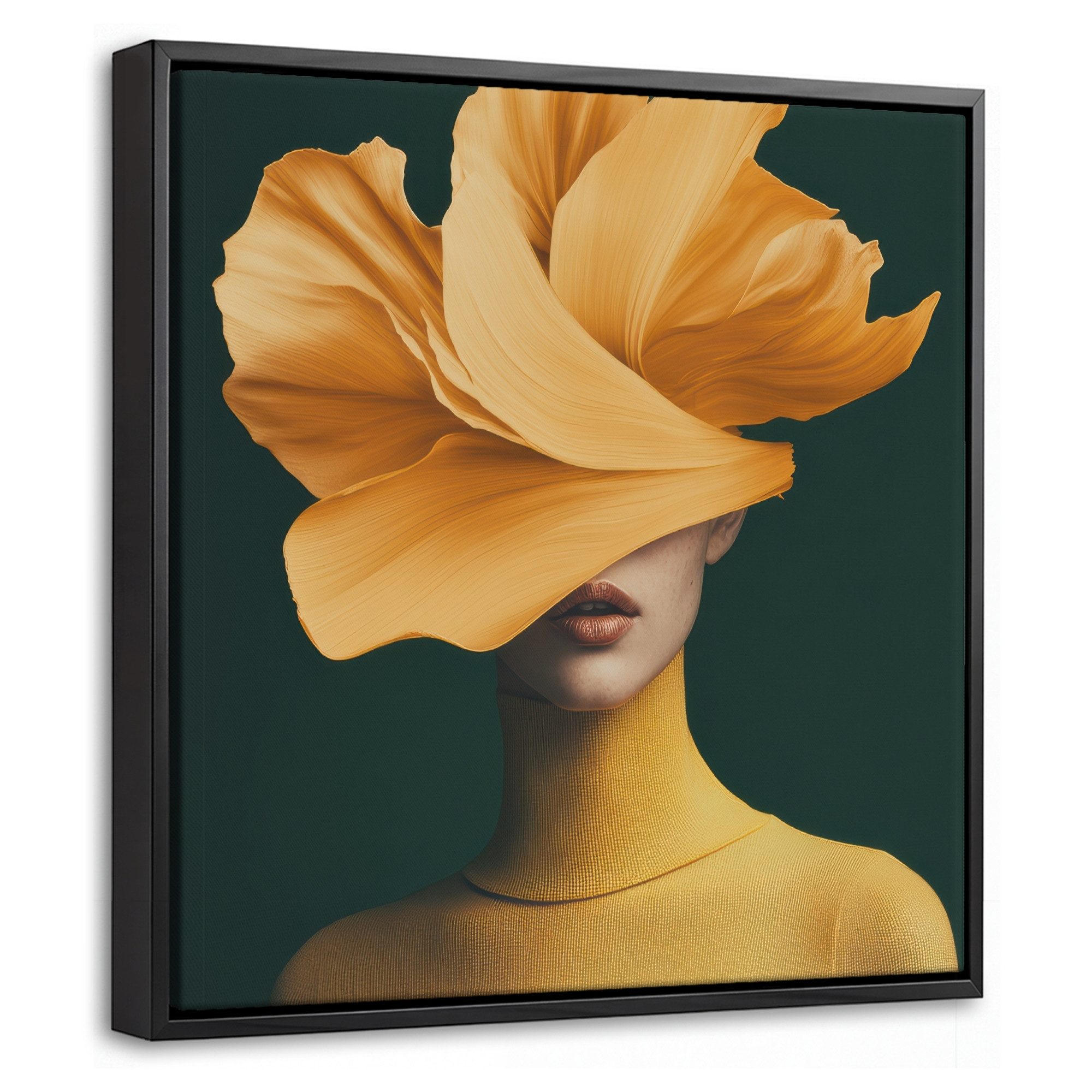 OneMillionCanvasses® Leinwandbild mit Rahmen - Frau - Hut - Gelb, Fotodruck (1 St), Leinwand Bilder Klein, Wand Dekoration Aesthetic 20x20cm