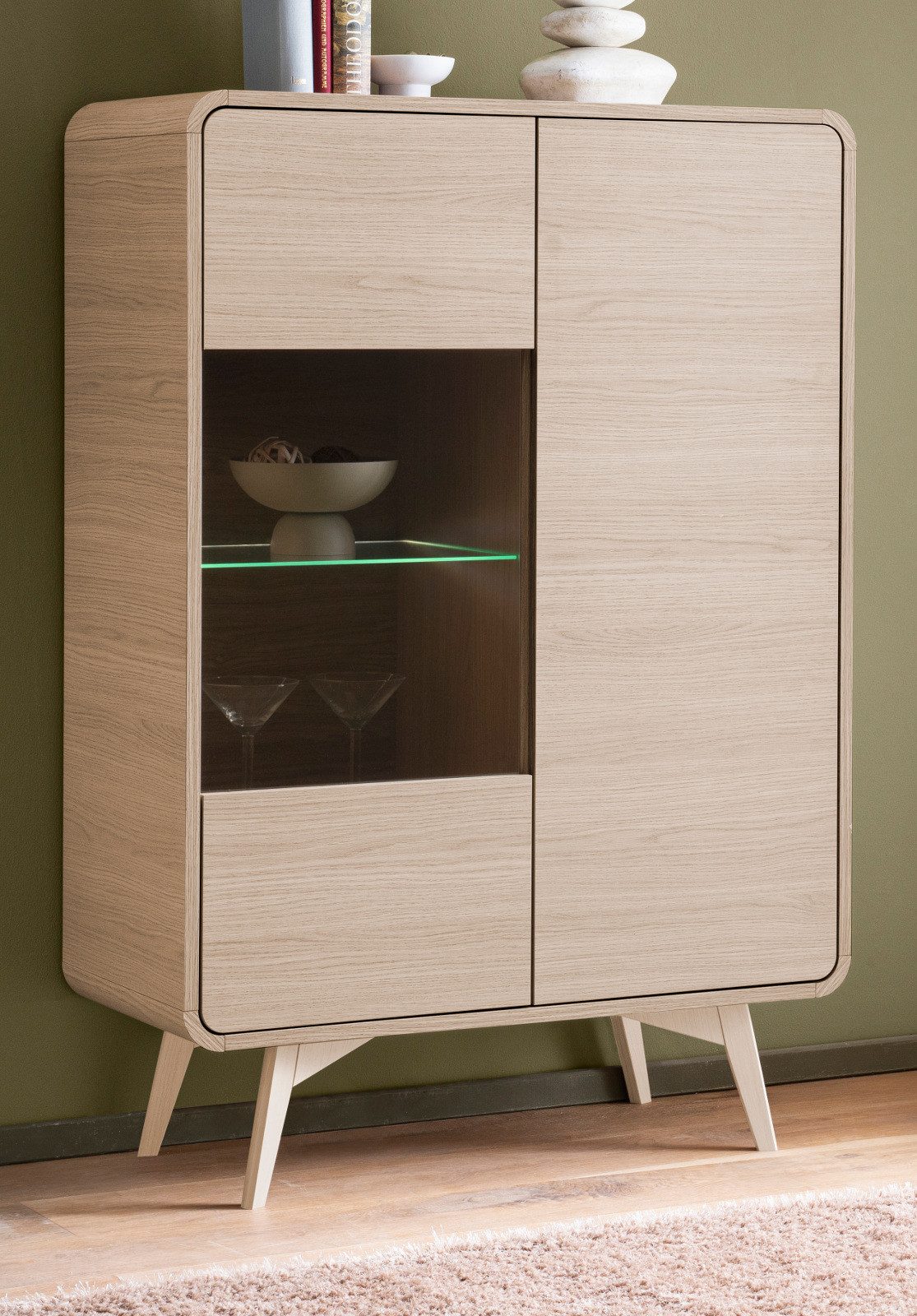 Furn.Design Stauraumvitrine Elverum (Highboard in Eiche Natur, 2-türig, 90 x 130 cm) mit Push-To-Open