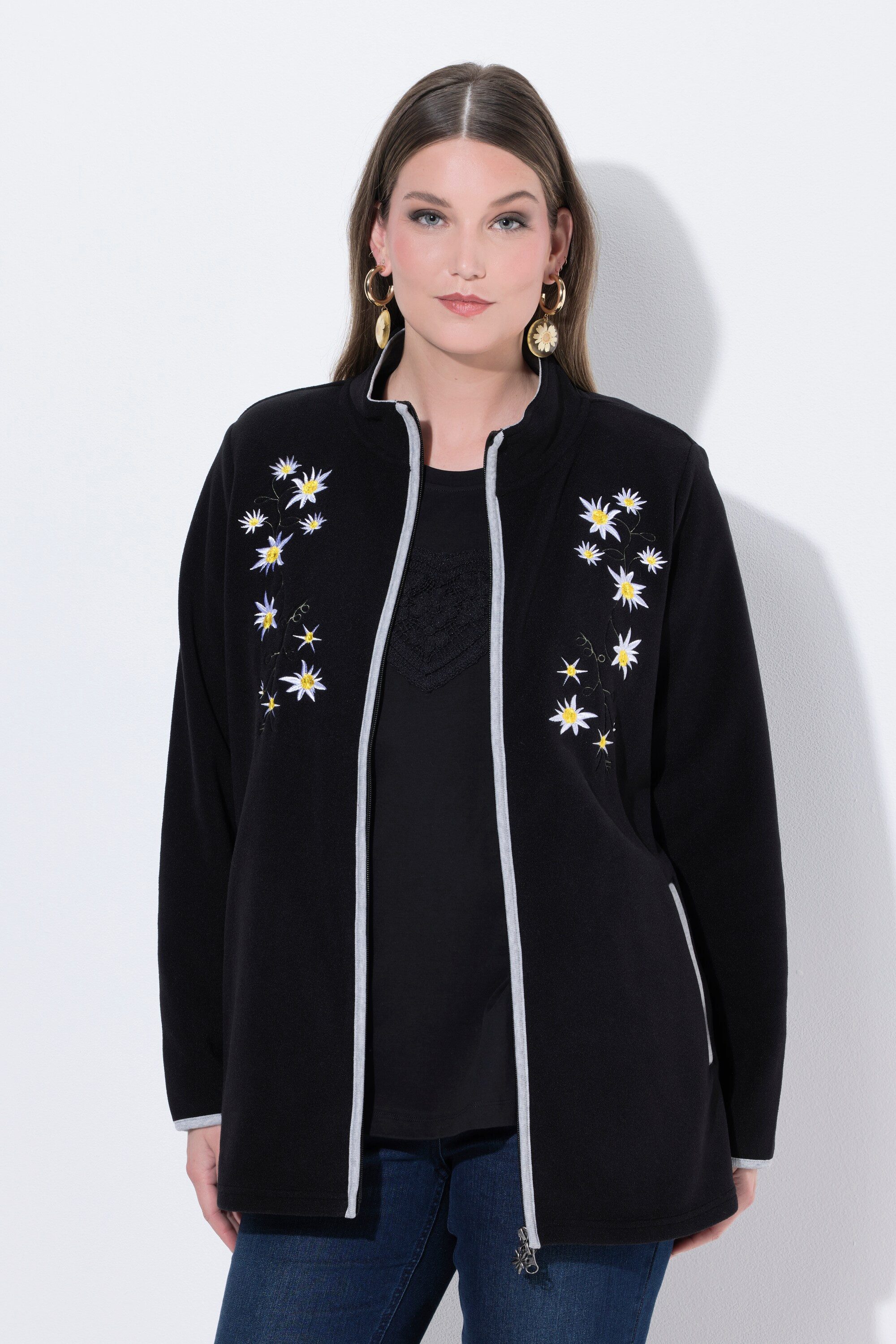 Ulla Popken Sweatjacke Trachten-Fleecejacke Edelweiß-Stickerei