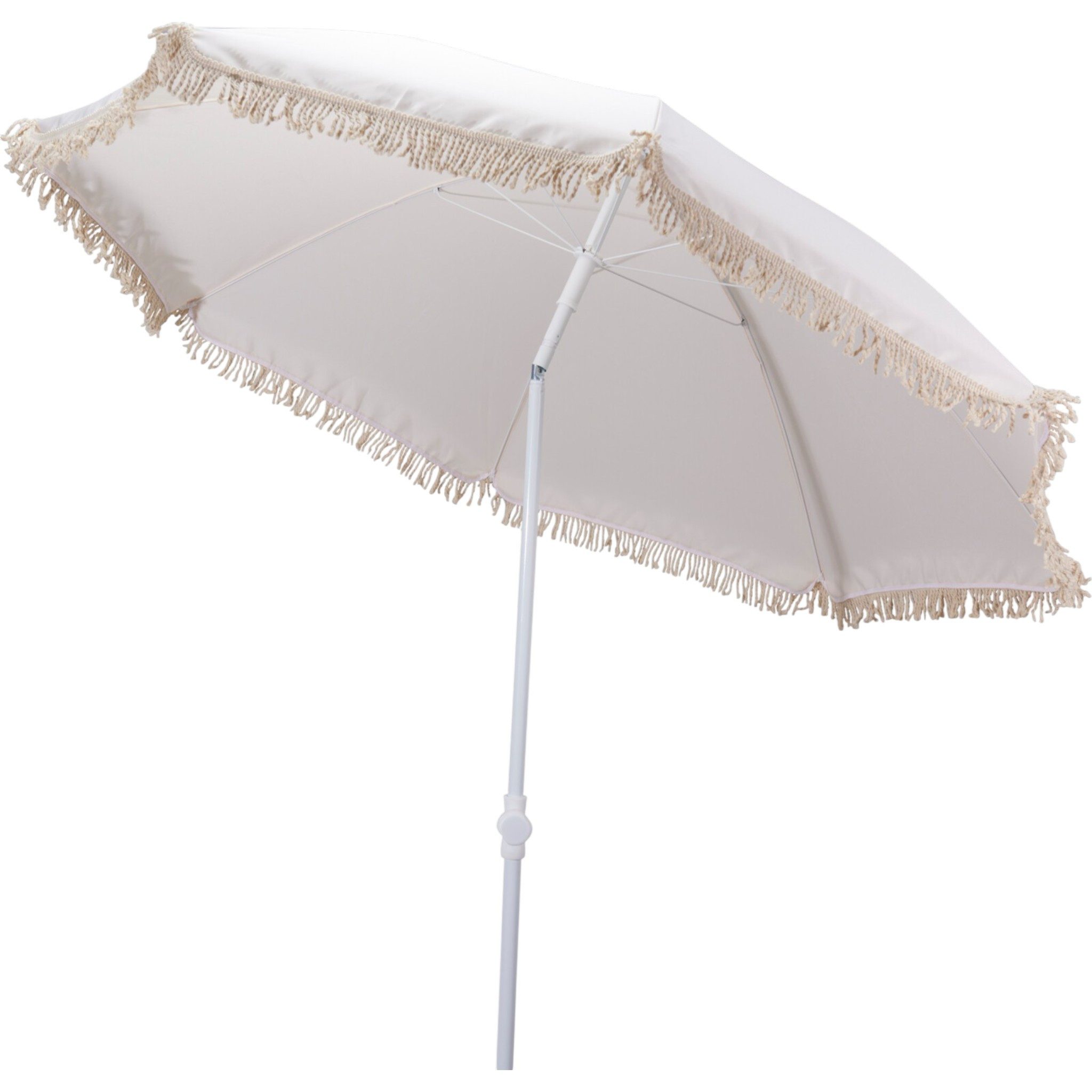Meinposten Sonnenschirm Strandschirm Balkon Gartenschirm creme Fransen Boho chic UV30+ 155cm, abknickbar, Inkl. Transporttasche
