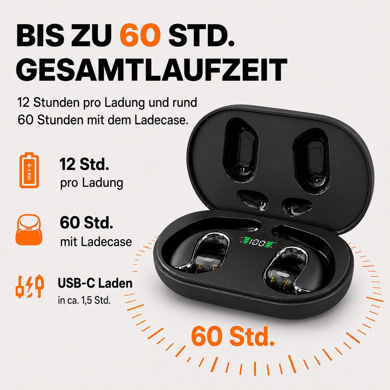 Fyrove Open-Ear-Kopfhörer mit Ohrbügel, Bluetooth 6.0 Sportkopfhörer kabellos Bluetooth-Kopfhörer (HiFi Stereo, ANC, 4-Mikrofon-ENC, 60 Std. Laufzeit, IPX7, 14,2-mm-Treiber)
