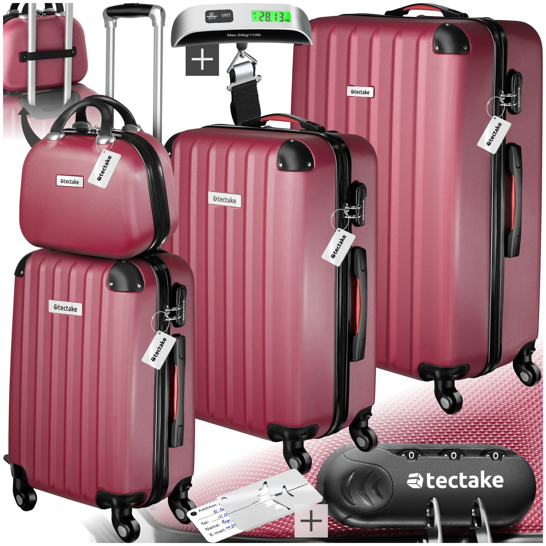 tectake Trolley Hartschalenkoffer-Set, 4 Rollen, 4-teilig, 3 Trolleys, 1 Beauty Case inkl. Kofferwaage und -anhänger