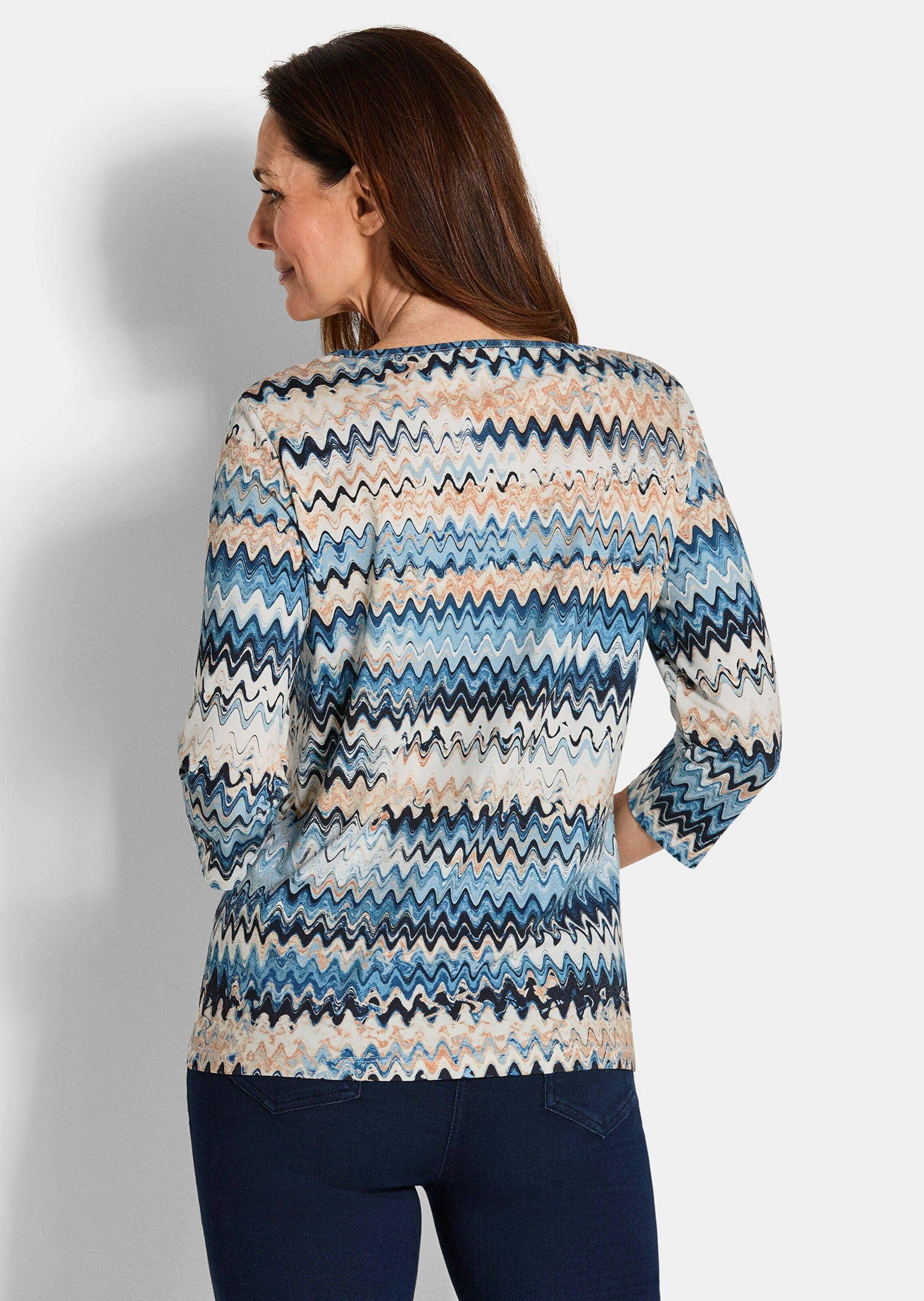 GOLDNER Print-Shirt Halbarm-Viskosebluse, Zickzack-Design Printshirt mit U-Boot-Ausschnitt und 3/4-Ärmeln
