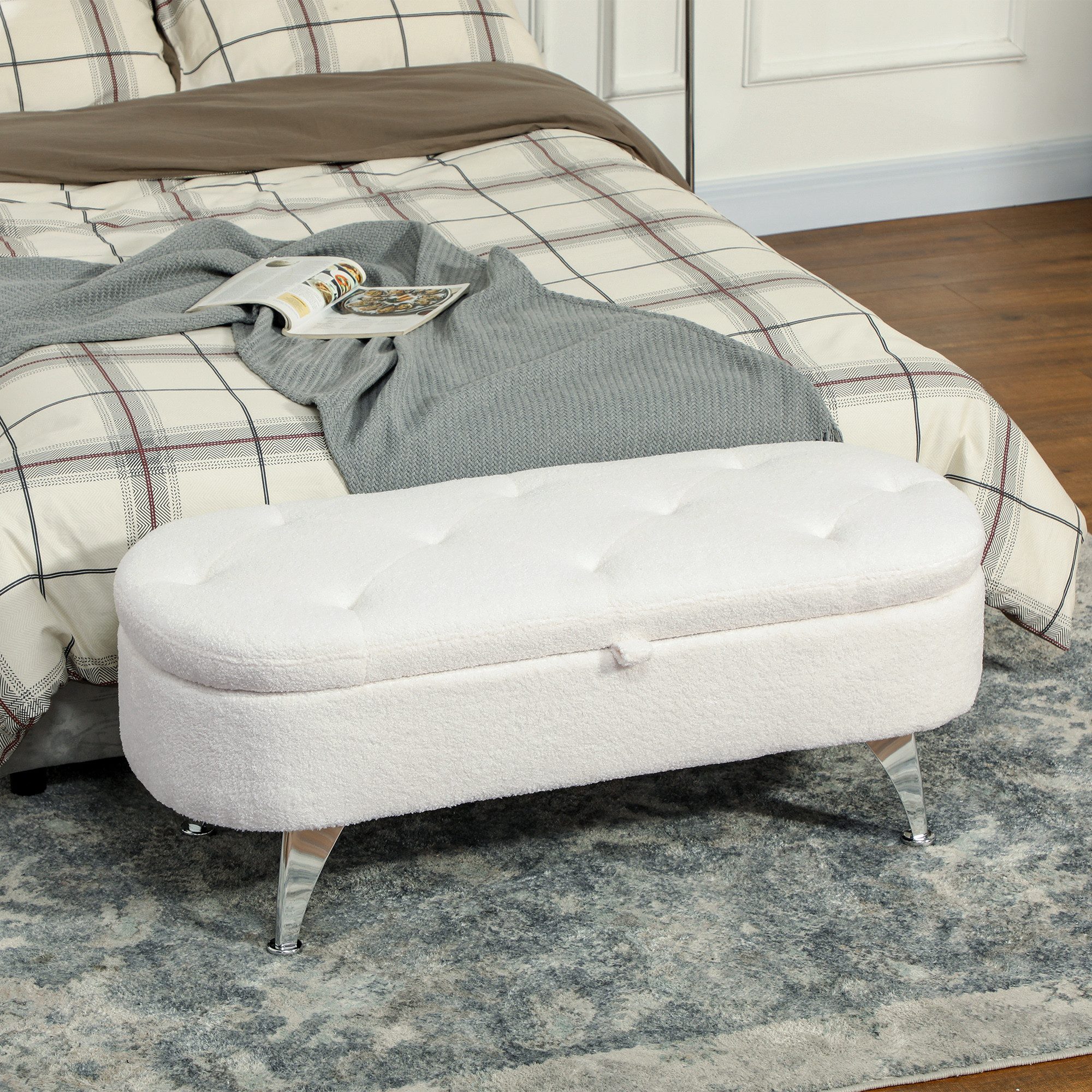 HOMCOM Sitzbank mit Stauraum, Deckel, Teddysamtoptik (Truhenbank, 1-St., Polsterbank), für Flur Schlafzimmer Wohnzimmer, Metallrahmen 114 x 47 x 46,5 cm Weiß