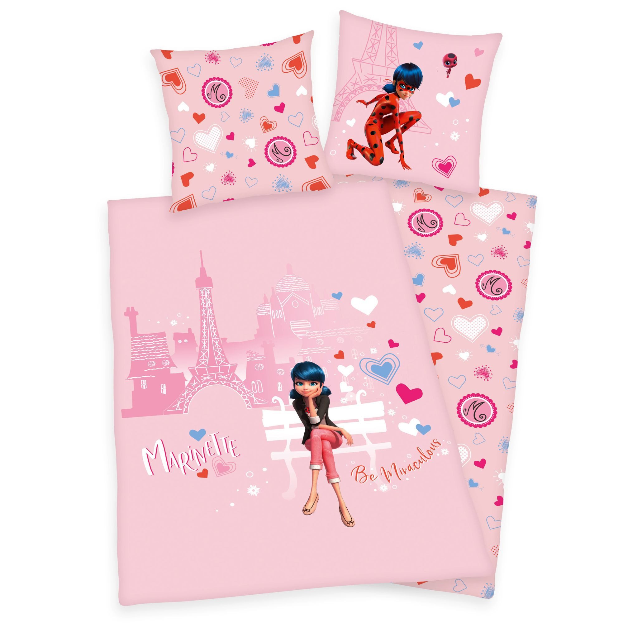 Herding Kinderbettwäsche Mädchen Flanell Bettwäsche Miraculous Ladybug Love Paris rosa Biber, 2 teilig, Langlebig