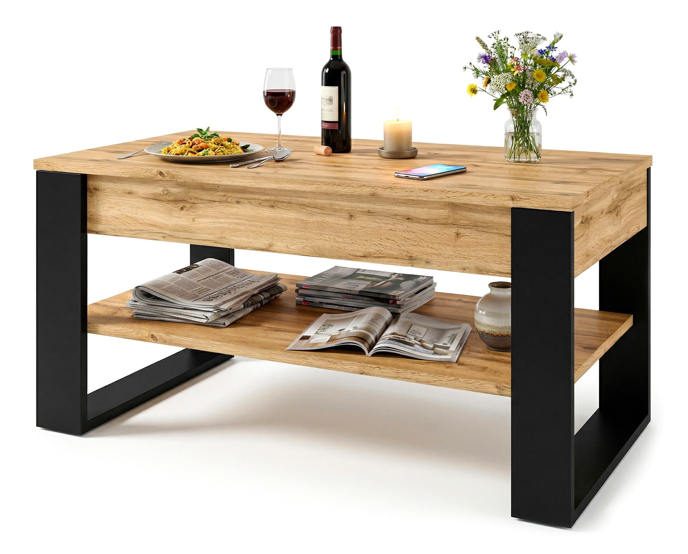 TREND WERK Couchtisch Lift-Couchtisch höhenverstellbar Sofatisch 92×54 cm mit Stauraum, verstecktem Fach Wohnzimmertisch Holz modern