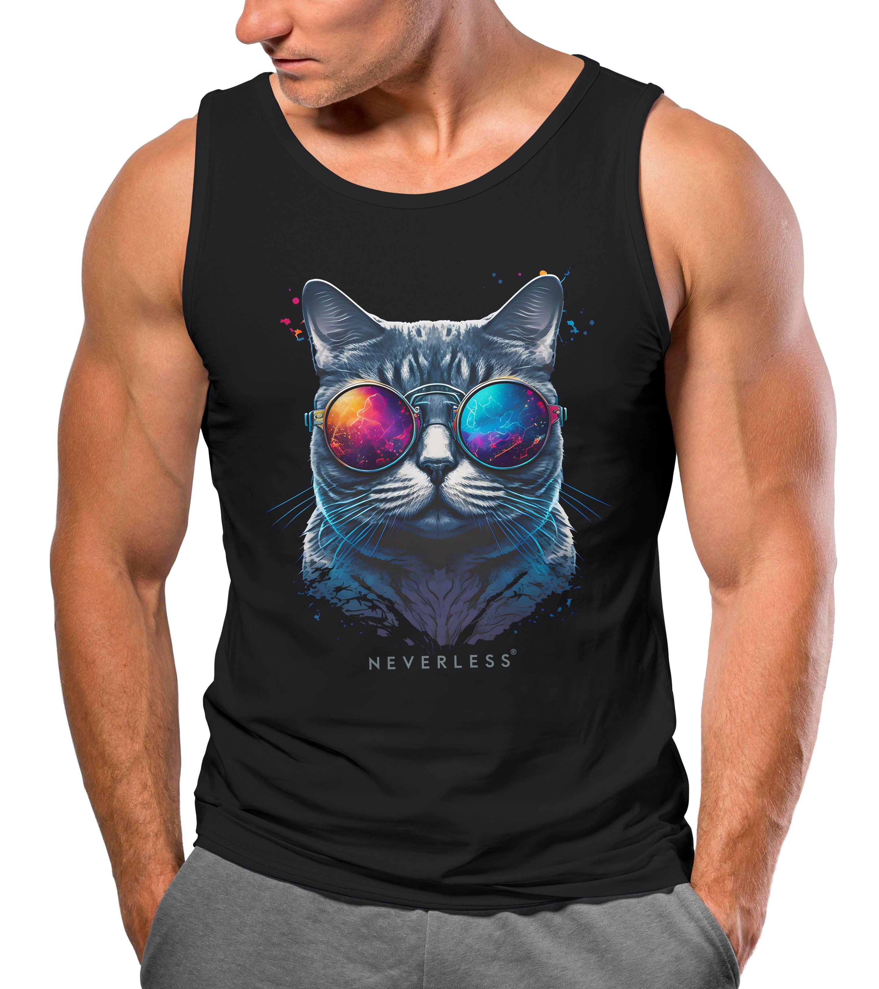 Neverless Tanktop Herren Tank-Top Aufdruck Katze Cat Sommer Style Fashion Streetstyle mit Print