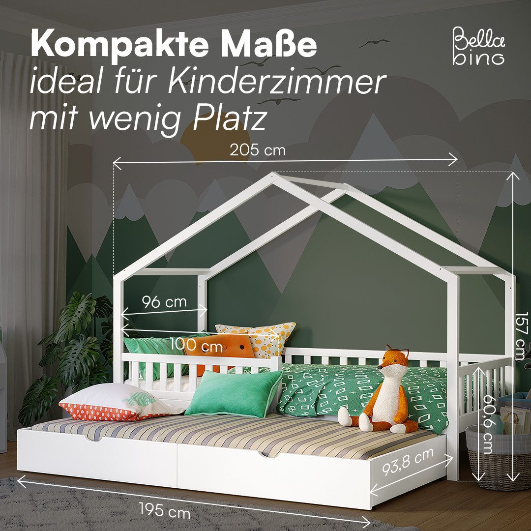 Bellabino Hausbett Vils 90x200 cm mit Rausfallschutz und Lattenrost, Kinderbett, mit Gästebett & 2 Matratzen, auch mit Schublade verfügbar