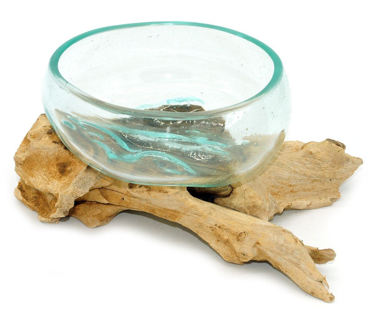 Gedeko Dekoschale Glasschale auf Wurzelholz, Holzdeko, Glasdeko kleine Glasschüssel Schale, Ø ca. 12-13 cm