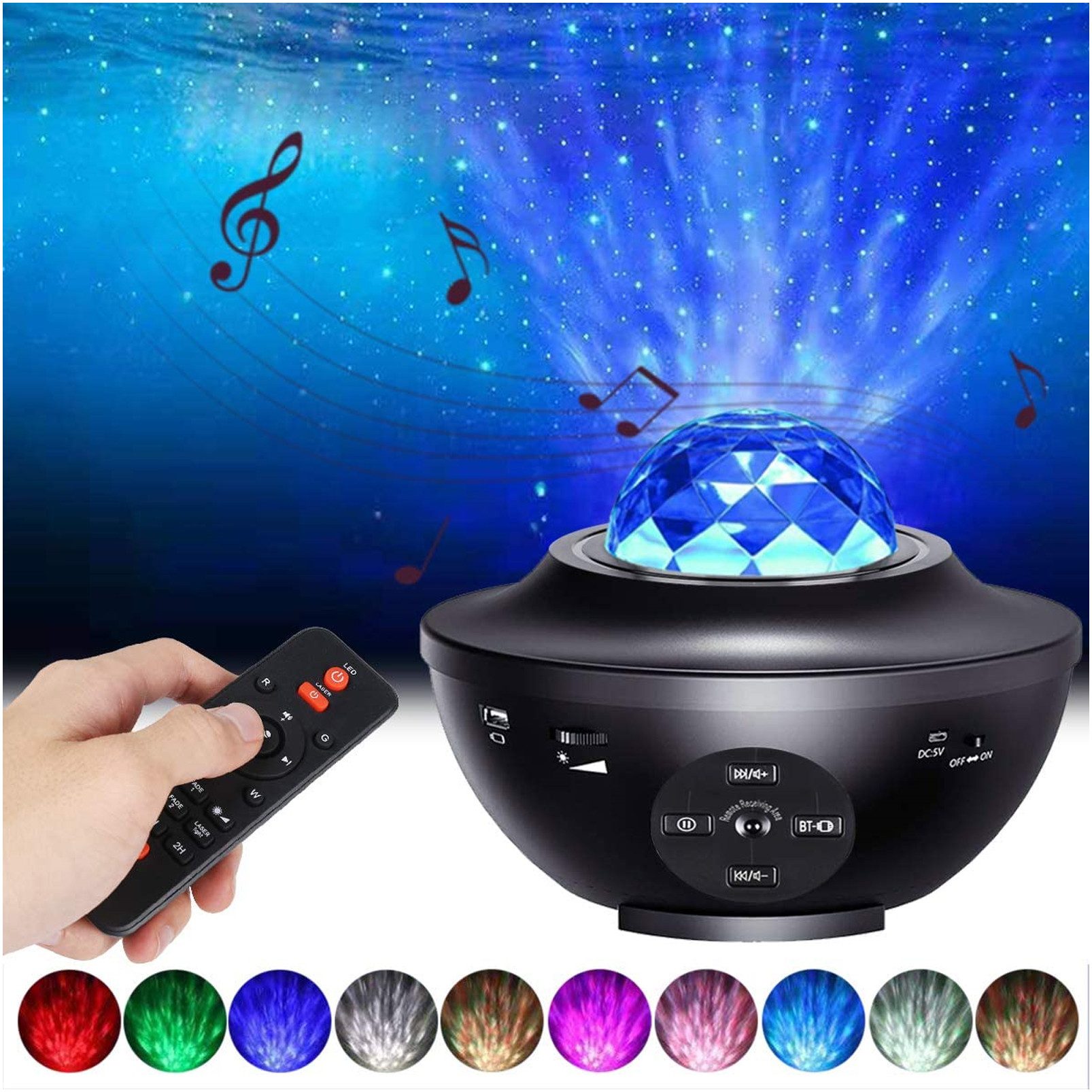 Sunicol LED Nachtlicht LED Musik Projektor, Sternenhimmel Lampe, Bluetooth, Mond Stern, USB, LED wechselbar, Rot, Grün, Blau, Weiß, 21 Beleuchtungsmodi, Fernbedienung