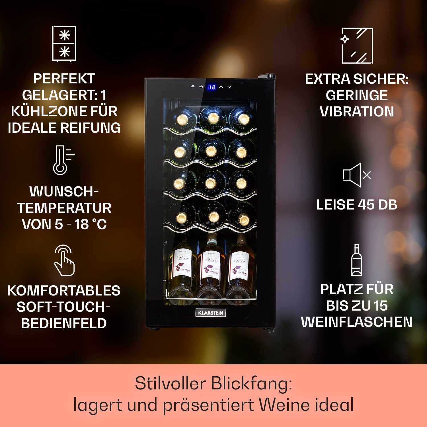 Klarstein Weinkühlschrank Shiraz 15 Slim Uno, für 15 Standardflaschen á 0,75l,Wein Flaschenkühlschrank Getränkekühlschrank Weintemperierschrank
