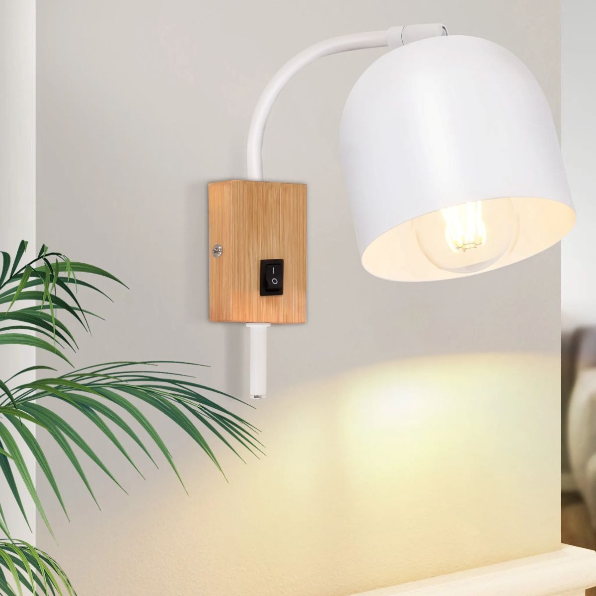 Nettlife Wandleuchte Innen Holz Schwarz/Weiß Schalter Retro Wandlampe Holzschirm, Schwenkbar 330°, ohne Leuchtmittel, für Flur Kinderzimmer Wohnzimmer Schlafzimmer Treppe