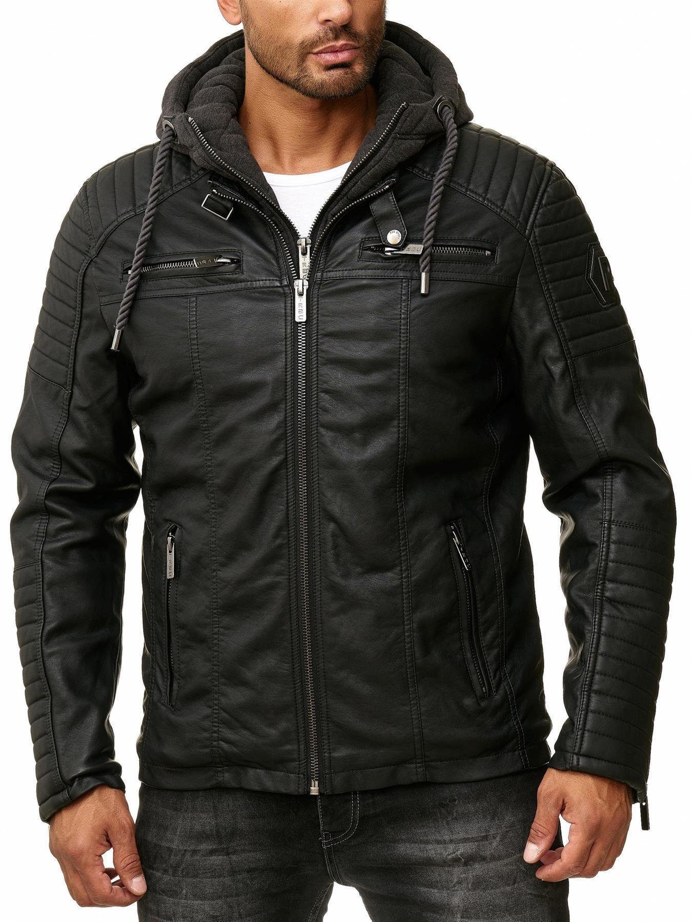 RedBridge Lederimitatjacke in Lederoptik mit Kapuzen-Einsatz und Stepp-Details Robust, strapazierfähig, langlebig