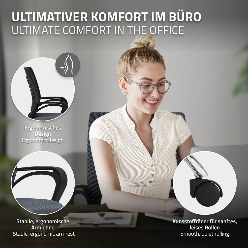 ML-DESIGN Bürostuhl Schreibtischstuhl ergonomisch mit Armlehnen Wippfunktion 360° drehbar, Computerstuhl Grau mit Rollen Schreibtischstuhl Gaming-Stuhl Drehstuh – Bild 3 von 5