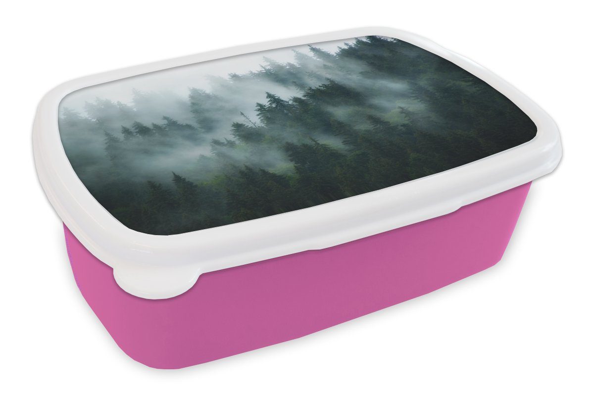 MuchoWow Lunchbox Nebel - Bäume - Wald, Kunststoff, (2-tlg), Brotbox für Erwachsene, Brotdose Kinder, Snackbox, Mädchen, Kunststoff rosa