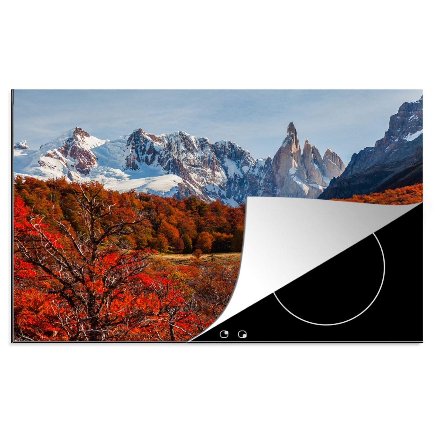 MuchoWow Herdblende-/Abdeckplatte Blick auf die Bergkette des Cerro Chaltén hinter einer wunderschönen, Vinyl, (1 tlg), 81x52 cm, Induktionskochfeld Schutz für die küche, Ceranfeldabdeckung