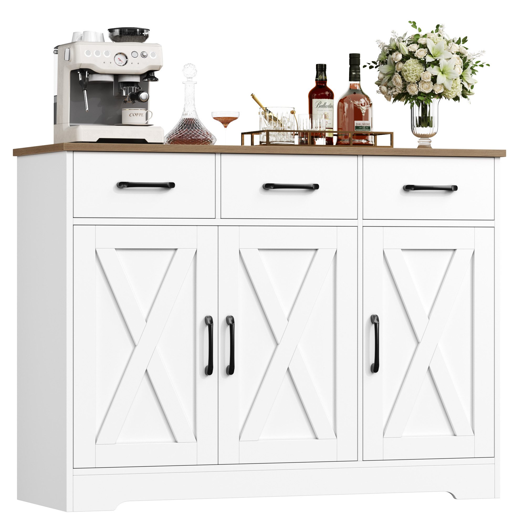 HOMECHO Sideboard, Küchenschrank mit 3 Schubladen und 3 Türen für Küche, Weiß