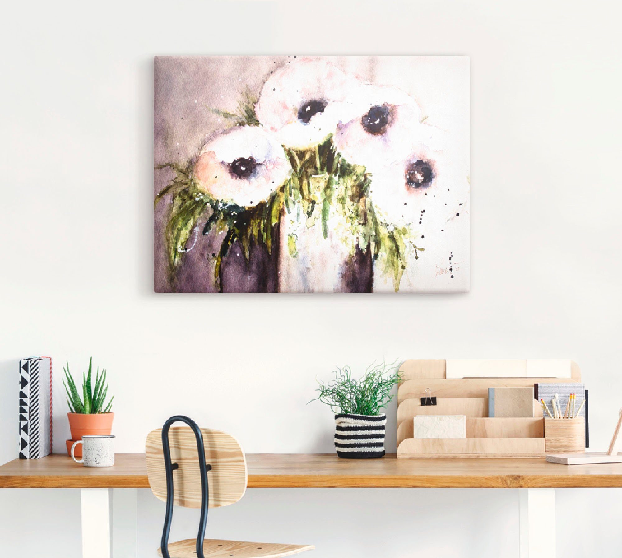 Artland Leinwandbild Lila Mohn in Vase, Blumen (1 St), auf Holzrahmen gespannt