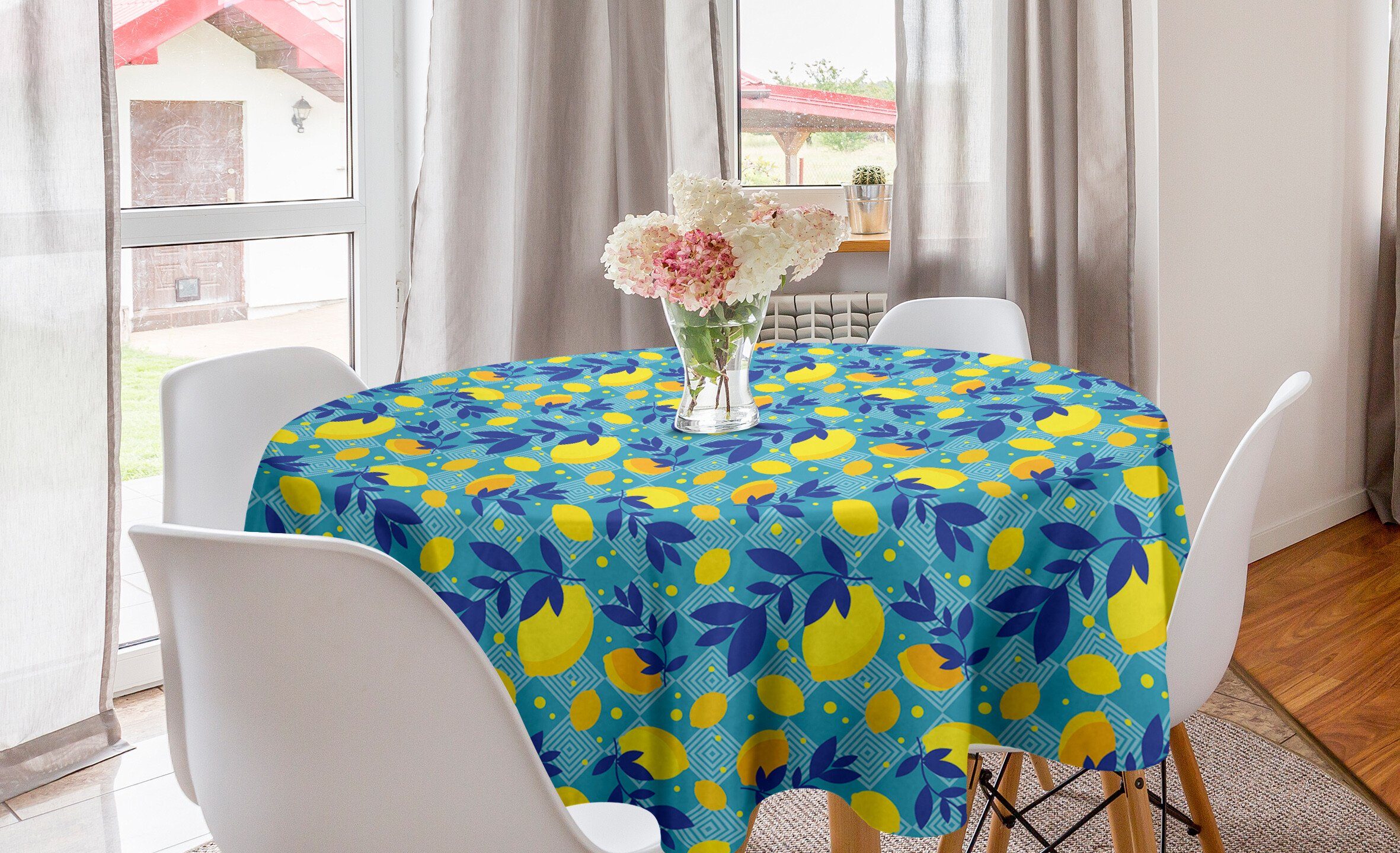 Abakuhaus Tischdecke Kreis Tischdecke Abdeckung für Esszimmer Küche Dekoration, Obst Cartoon Zitronen und Blätter
