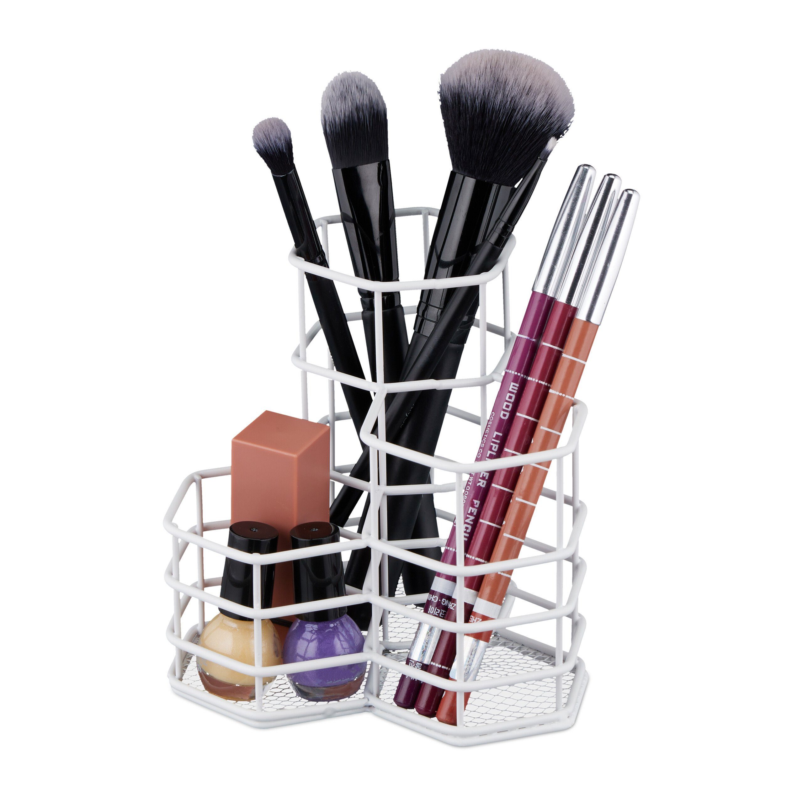 relaxdays Make-Up Organizer Pinselhalter mit 3 Fächern, 3-tlg., weiß