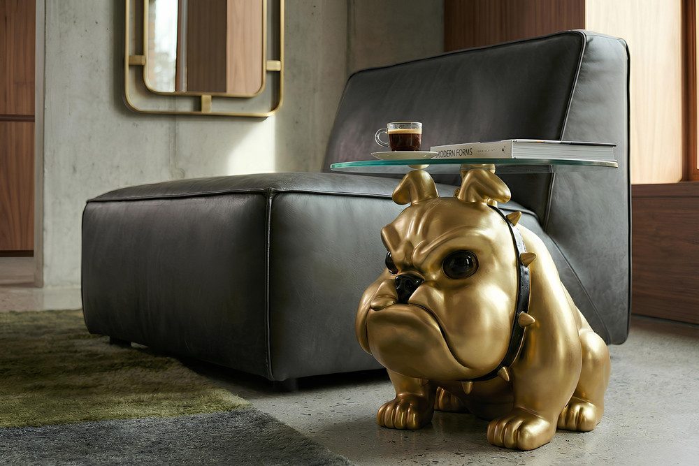 riess-ambiente Couchtisch BULLDOG 55cm gold - Polyresin, Glasplatte, Hunde-Skulptur, rund (Einzelartikel, 1-St), Extravaganter Beistelltisch - ideal für Wohn- und Esszimmer
