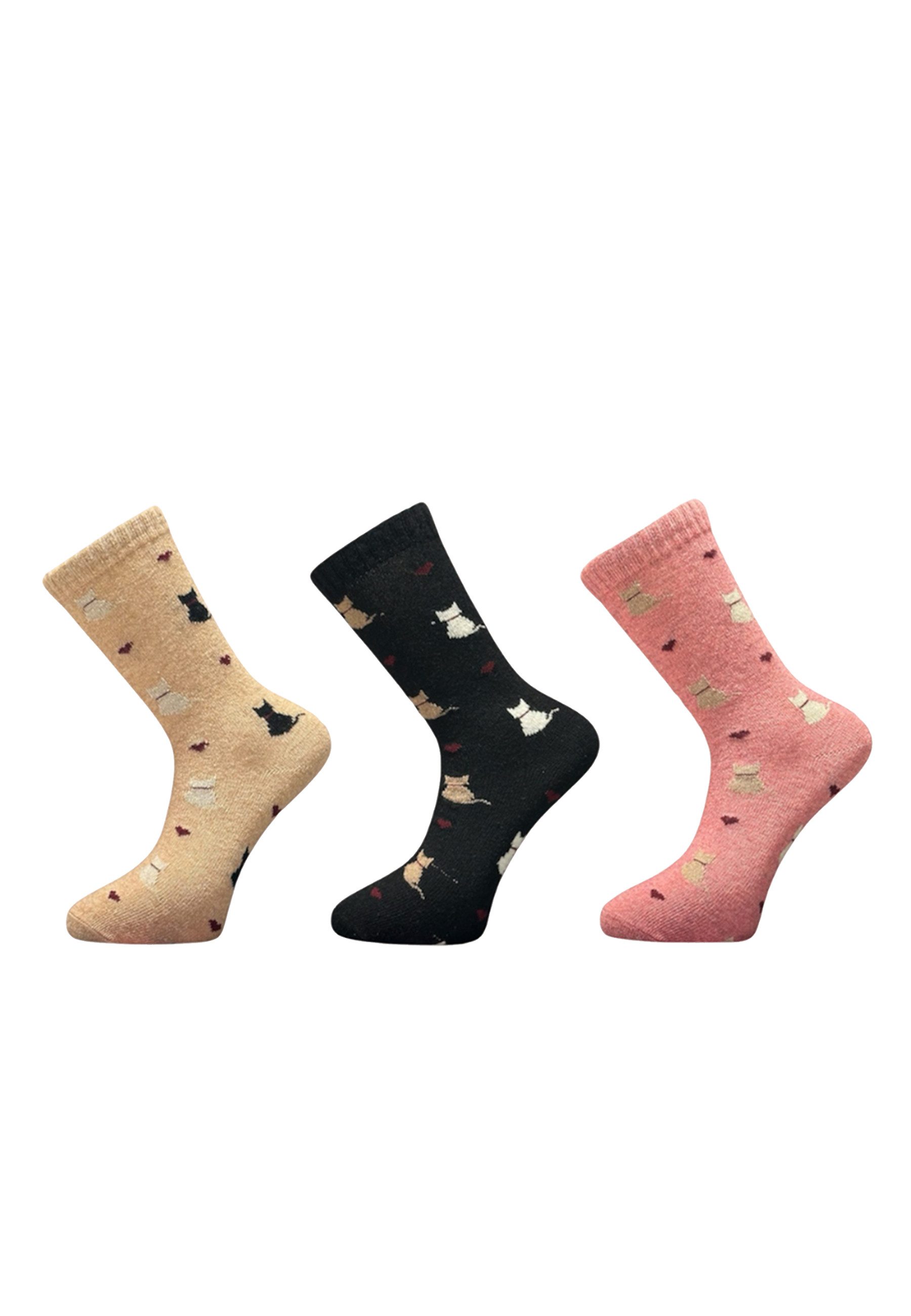 Yuhu Socken Damen Wollsocken mit Katzenmotiv im 3er Pack (3-Paar)