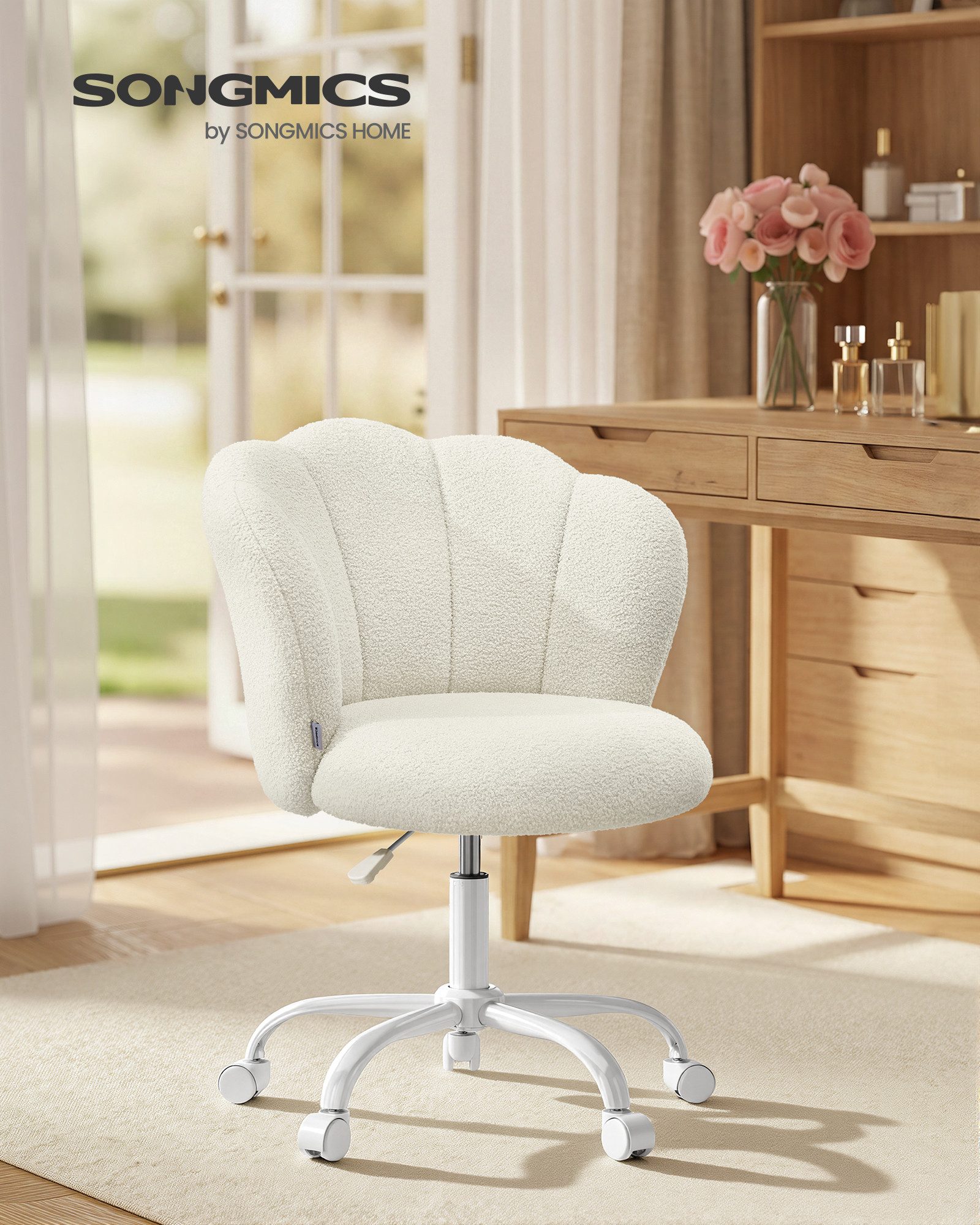 SONGMICS Bürostuhl Schminktischstuhl, für Wohnzimmer, Schlafzimmer, 64 x 64 x (79-89) cm, bis zu 110 kg belastbar, Blütenblatt-Rückenlehne, höhenverstellbar