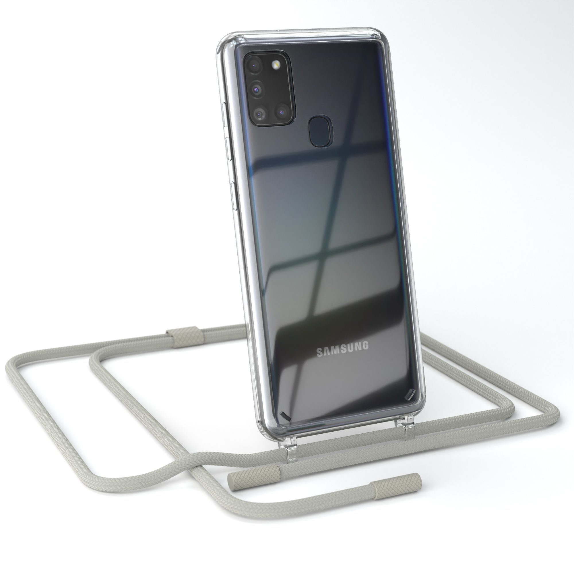 EAZY CASE Handykette Silikon Kette Unifarbe für Samsung Galaxy A21s 6,5 Zoll, Schutzhülle zum Umhängen Hülle mit Umhängeband Kettenhülle Grau Taupe