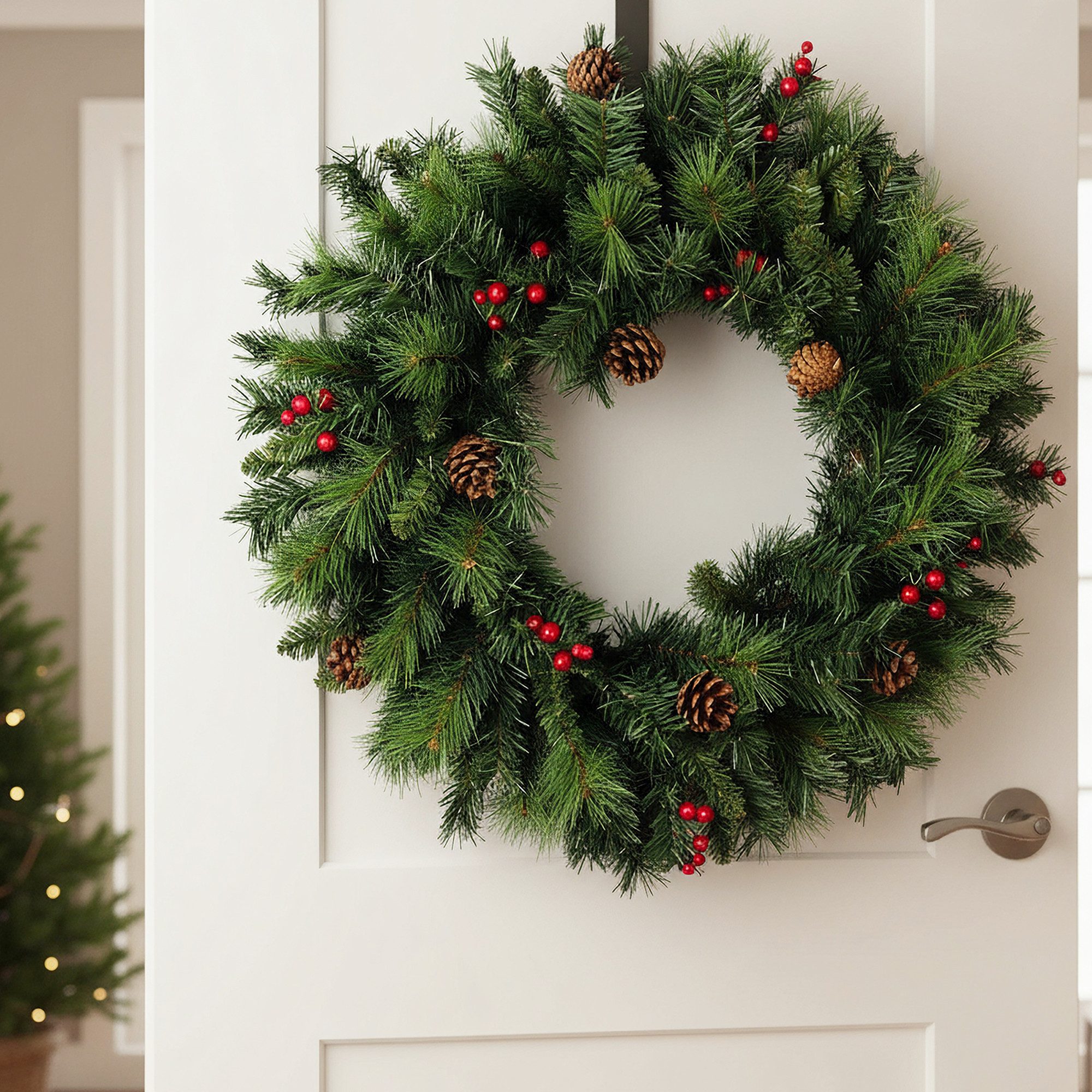 Arnusa Dekokranz Künstlicher Weihnachtskranz 60 cm mit roten Beeren und Zapfen, Weihnachtsdekoration Tannenkranz groß – Bild 2 von 5