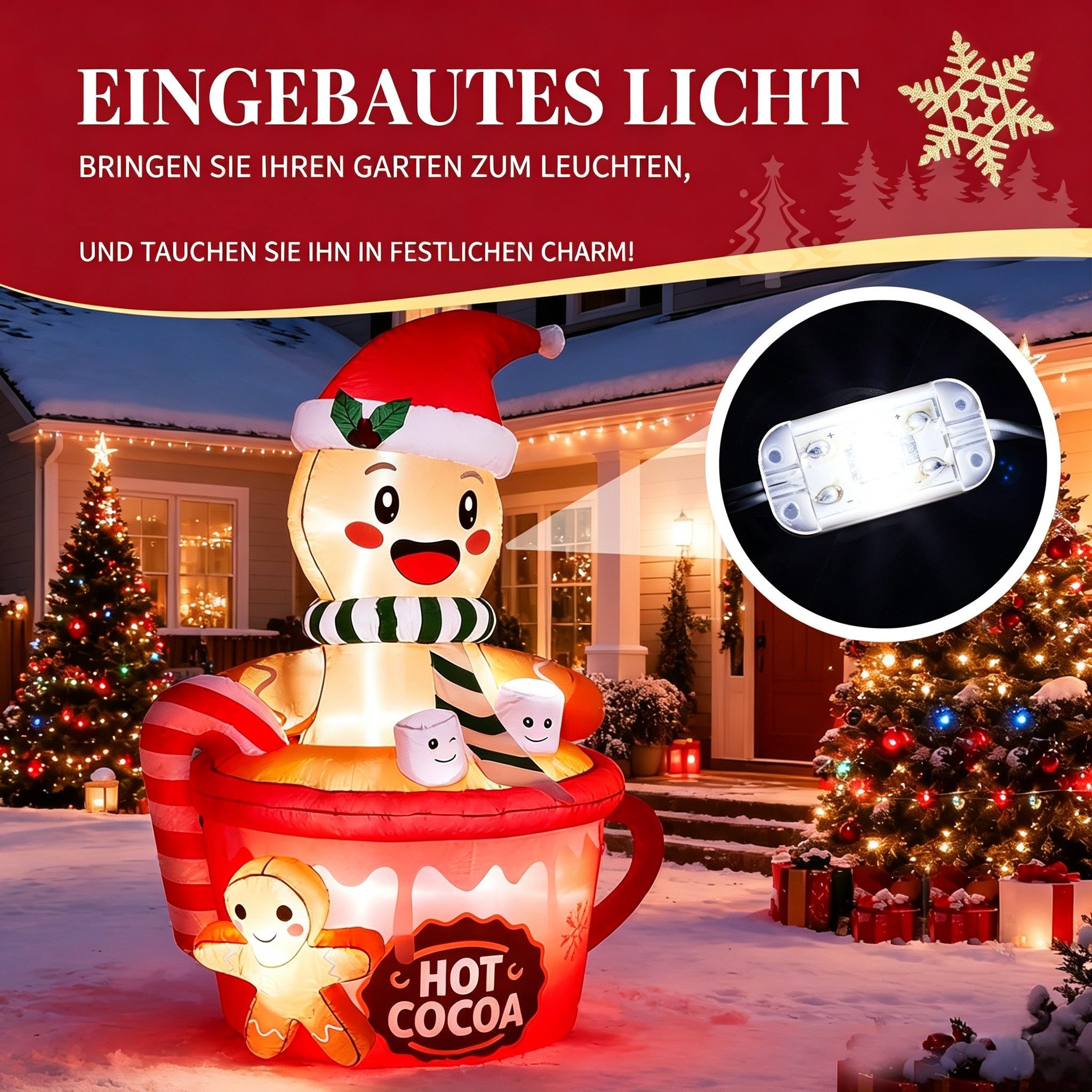 VINGLI Weihnachtsfigur Wetterfest, Weihnachtsdeko Aufblasbar für Innen & Außen, 180 cm Aufblasbarer Lebkuchenmann im Tassen mit Integrierten LEDs – Bild 5 von 5