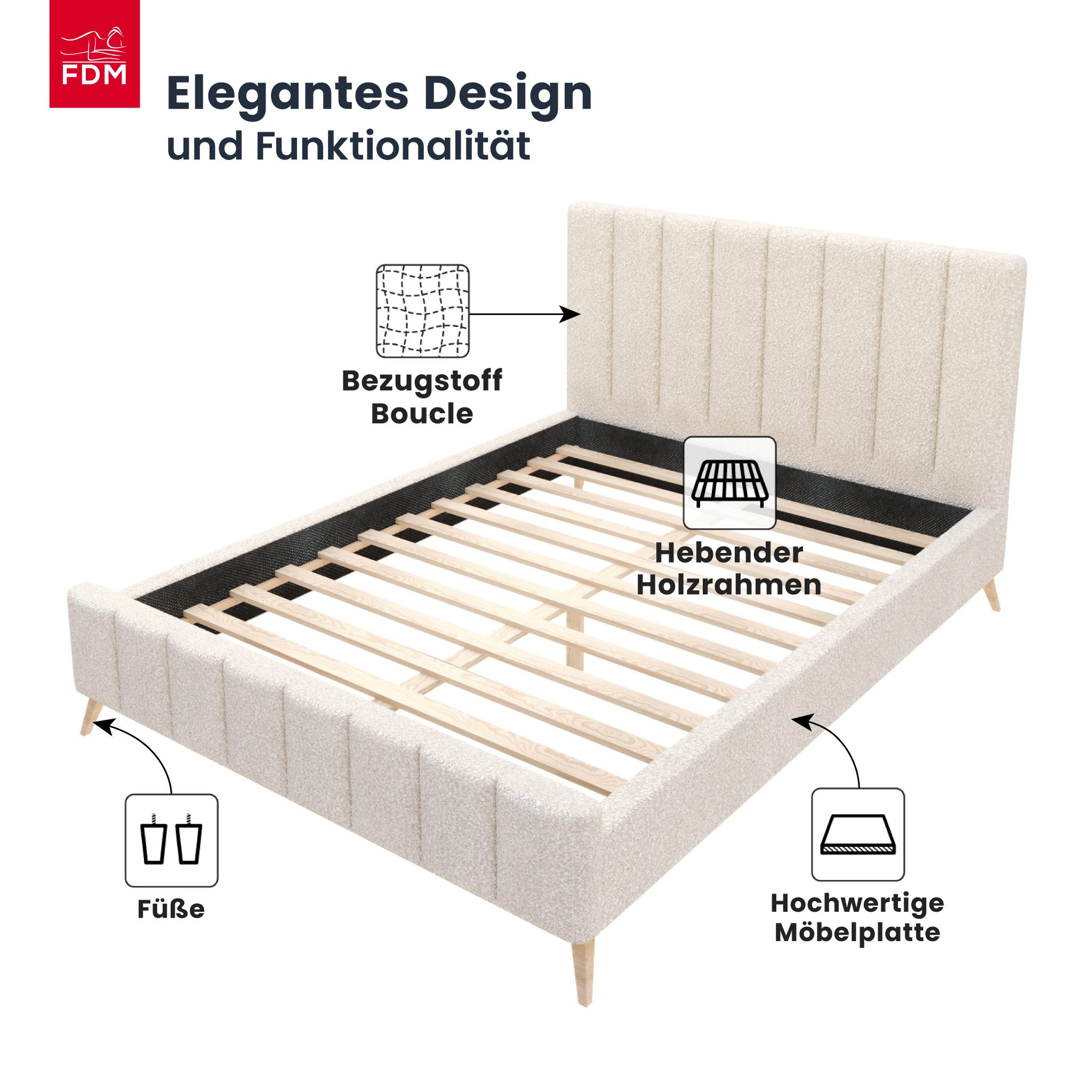 FDM Polsterbett FELICE modern mit Bettkasten MADE IN EU - mit Boucle Stoff (verfügbar 120x200 140x200 160x200 180x200cm, Bettrahmen, Bett, mit großen gepolsterten Kopfteil, Lattenrost aus Holz), Lattenrost aus Holz