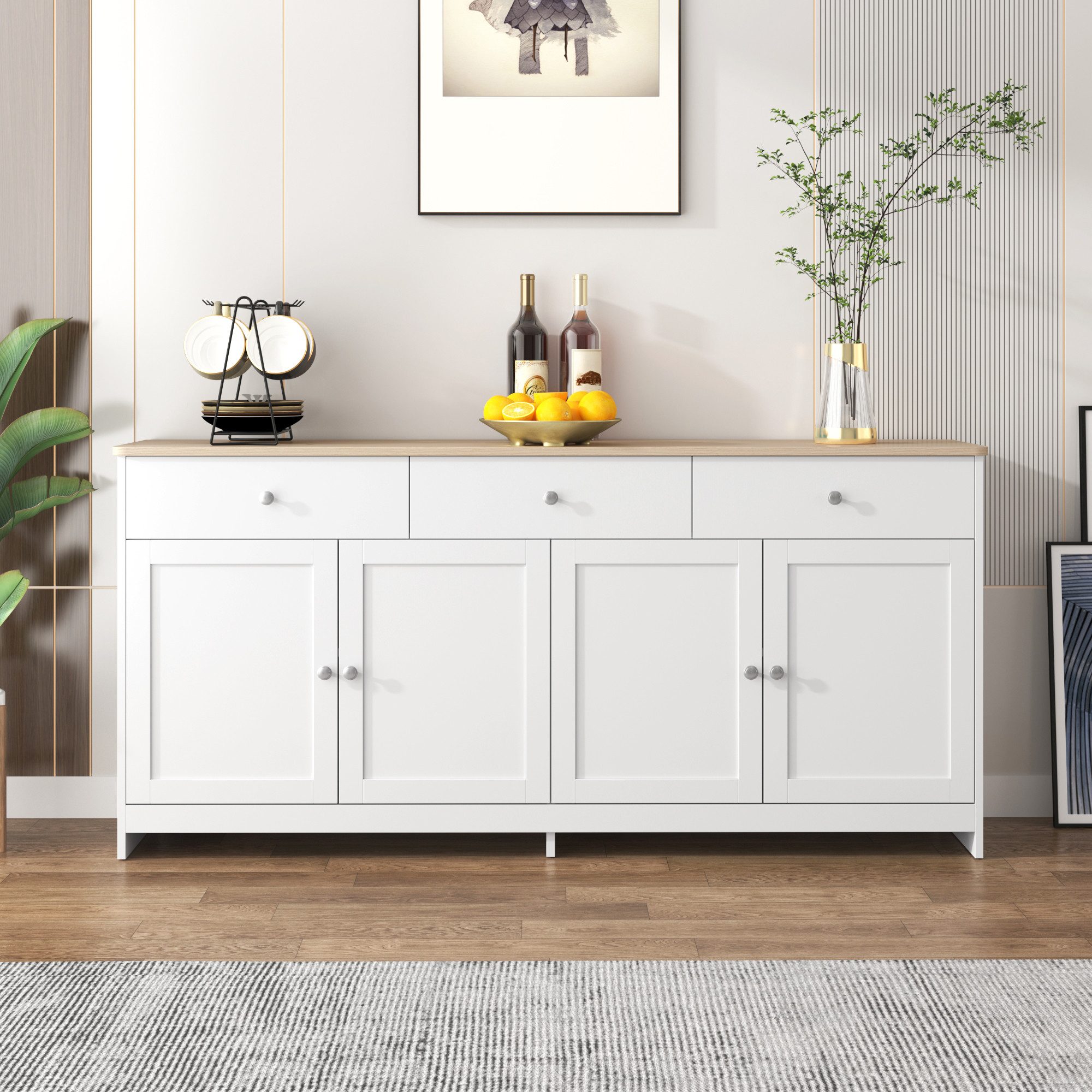 Celya Sideboard mit Holzmaserung und viel Stauraum (4 Türen und 3 Schubladen, verstellbare Einlegeböden), Geeignet für verschiedene Veranstaltungsorte