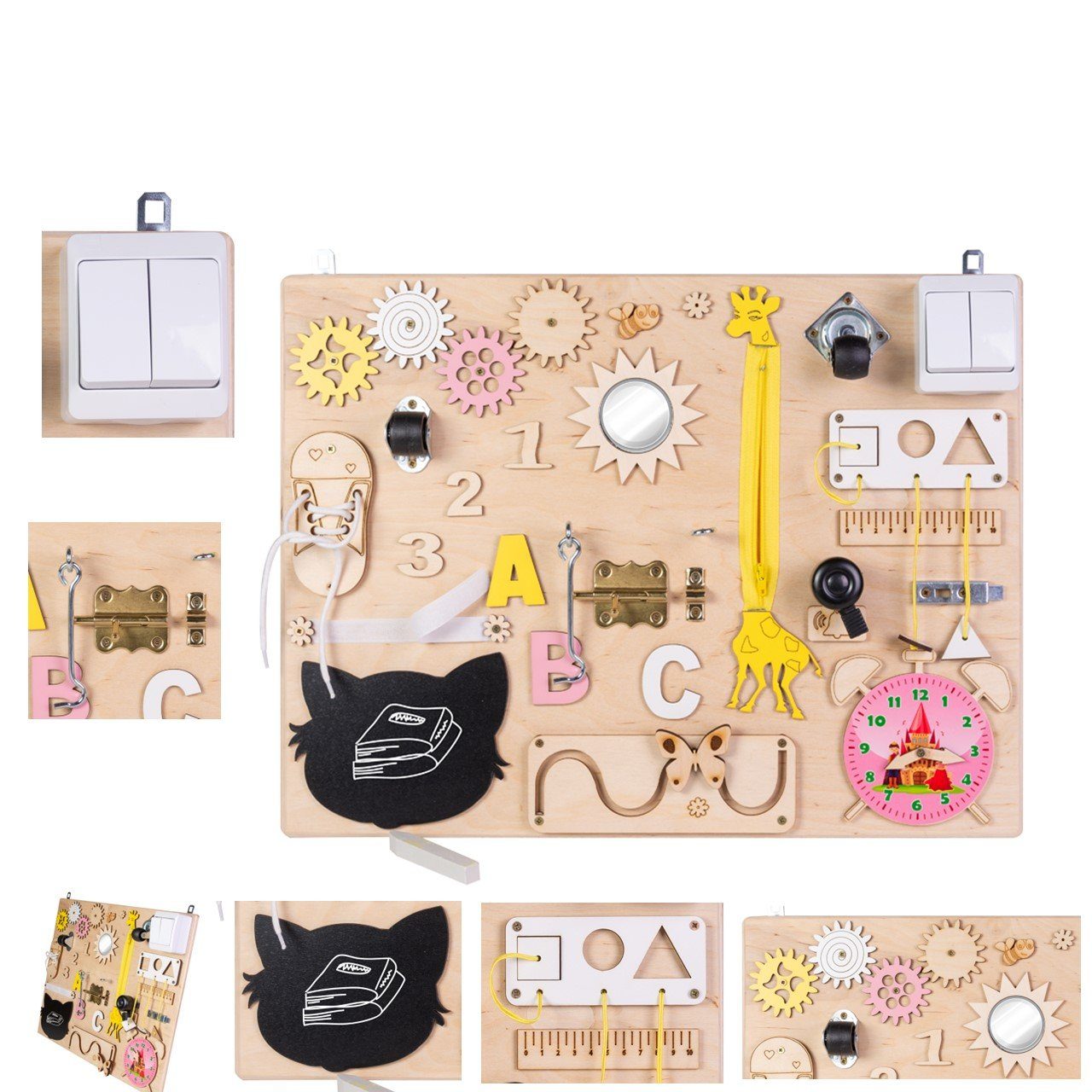 Moni Lernspielzeug Lernboard, Lerntafel medium, aus Holz Zahnräder, Lichtschalter, Uhr, Klingel