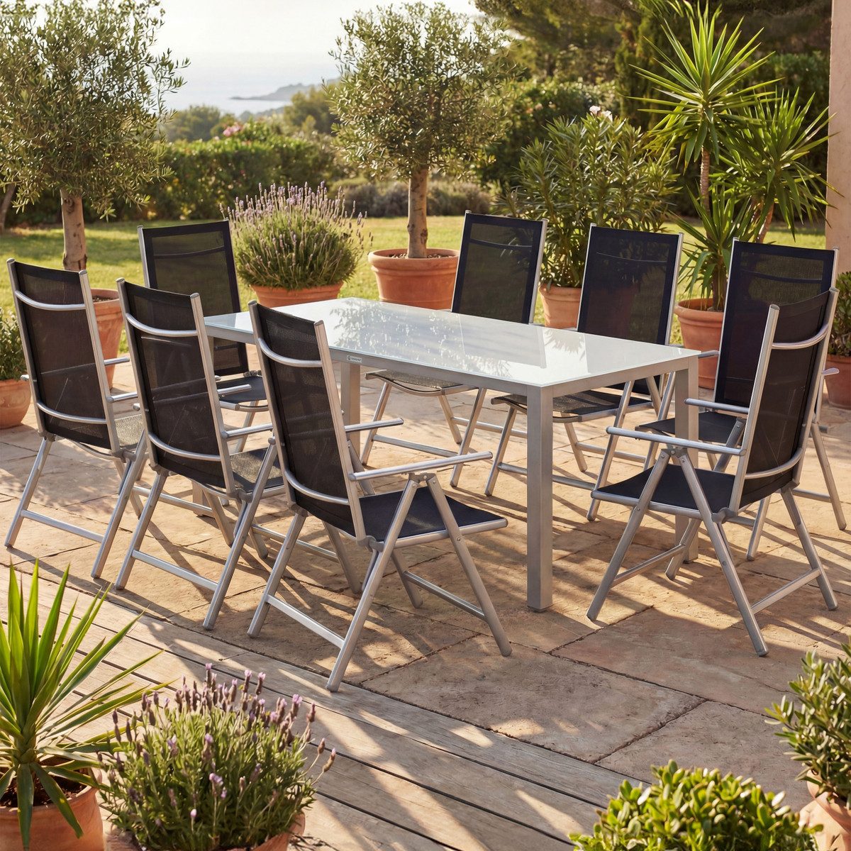 Casaria Garten-Essgruppe Bern, (9-tlg), Aluminium 5mm Sicherheitsglas Stühle Klappbar Verstellbar Wetterfest