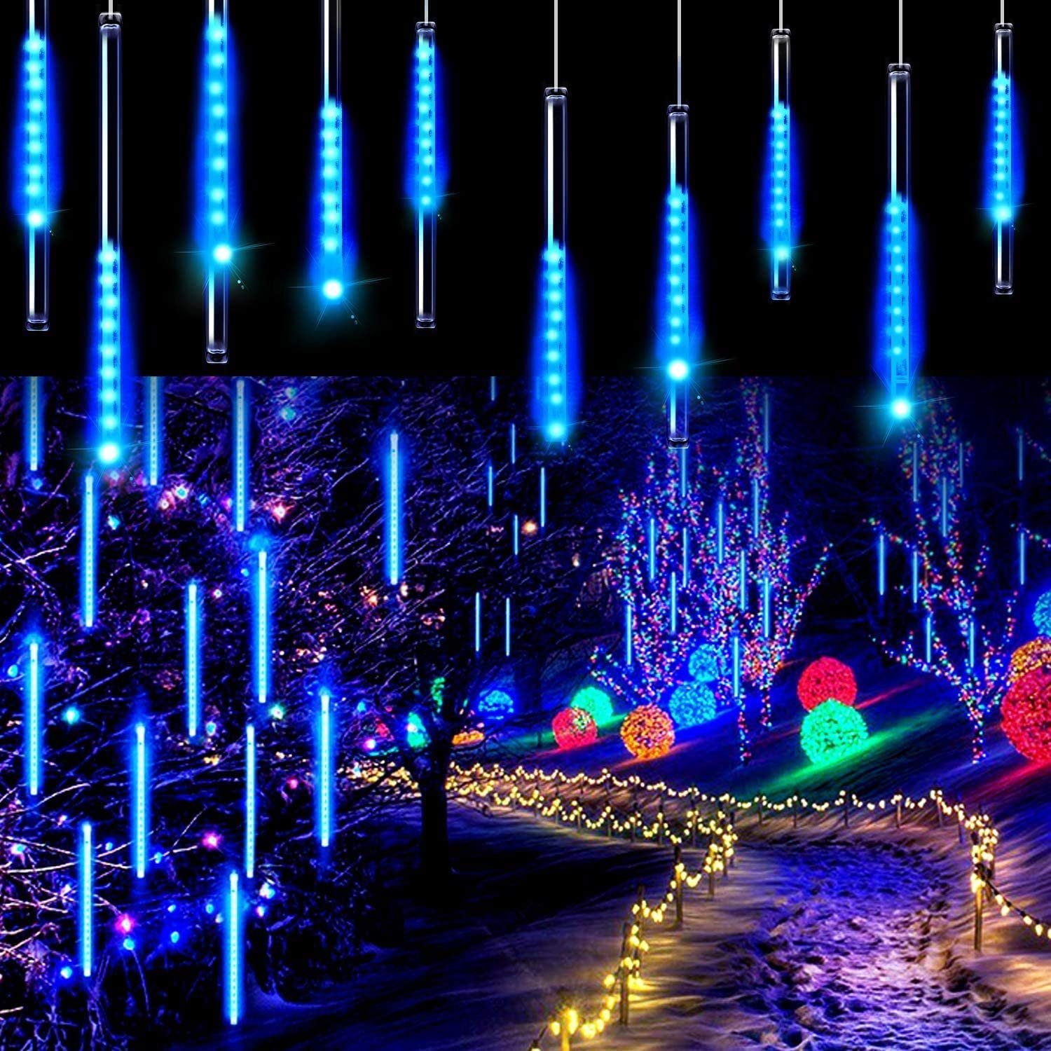 XERSEK LED-Lichterschlauch Meteorschauer Regen Eisregen Schneefall  Lichterkette 50cm 8Röhren IP44, 288-flammig, Fallende Lichter für Außen  balkon Garten Weihnachten Dekoration