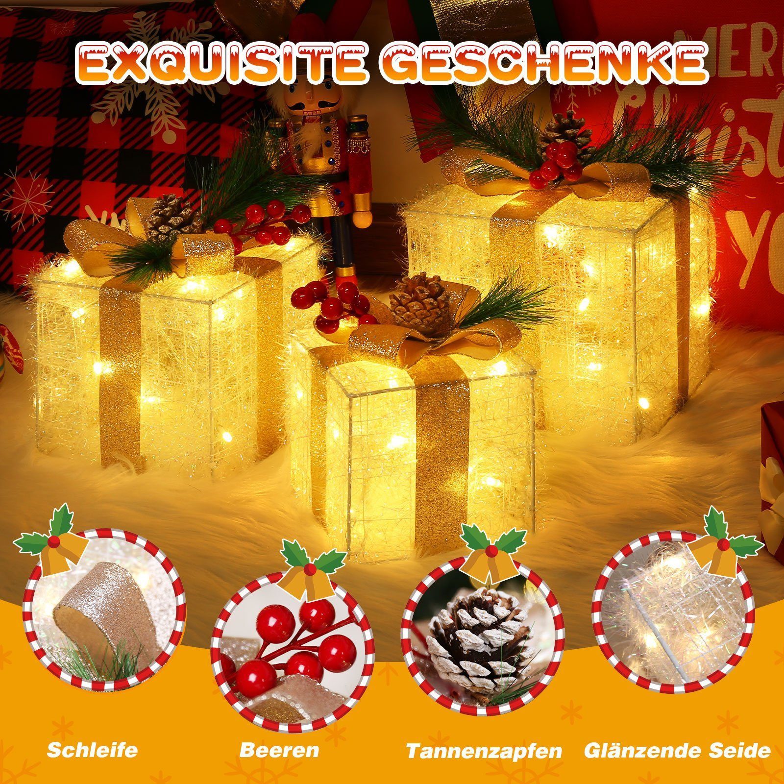 Elegear Weihnachtsfigur 3er Set LED Geschenkbox Weihnachten, Weihnachtsdeko mit Stecker, Timer (3 St), 60 warmweiße LEDs, Weihnachtsbeleuchtung für Baum, Fenster & Innen