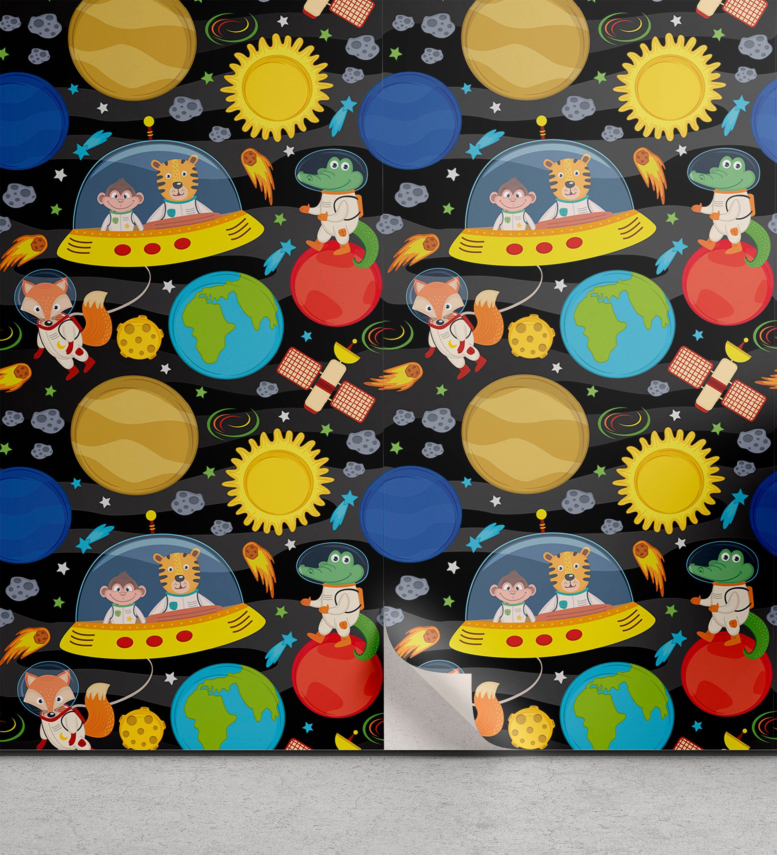 Abakuhaus Vinyltapete selbstklebendes Wohnzimmer Küchenakzent, Weltraum Tiere und Planeten Fun