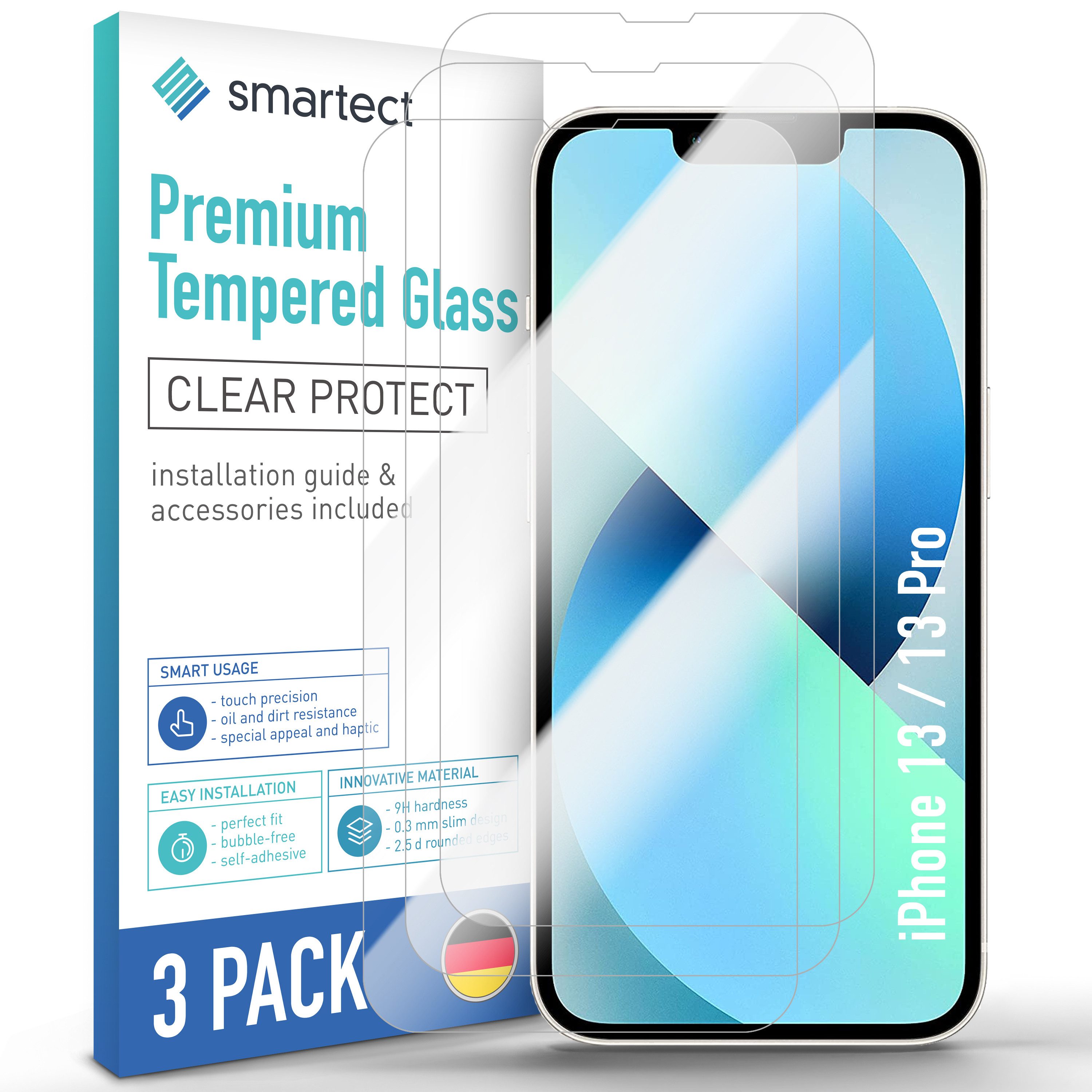 smartect Displayschutzglas 3X Schutzglas Panzerfolie Klar für iPhone 13 / 13 Pro für Apple iPhone 13 / 13 Pro, Set, 3 Stück, 0.3 mm Ultra-klar, 9H Härte, Kratzfest, Stoßfest, Blasenfrei, Oleophob