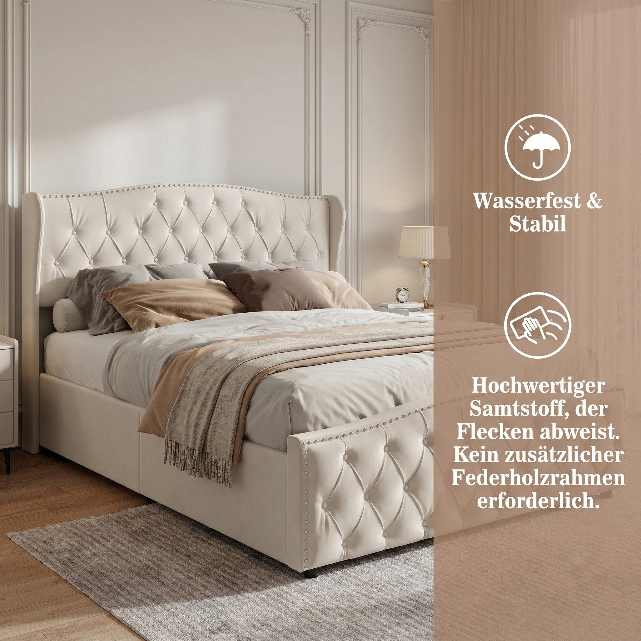 Simurq Polsterbett Stauraumbett 160x200 cm Samt mit Bettkasten & Wingback-Kopfteil (Set, 1-tlg) (Doppelbett 160x200 mit Lattenrost, ohne Matratze), Jugendbett,B – Bild 3 von 5
