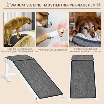 PawHut Hunderampe Haustierrampe mit rutschfestem Teppich Kiefernholz Polyester Weiß+Grau (Set, 1-St., Haustierleiter für Hund bis 30 kg), 125L x 40B x 35.5H cm